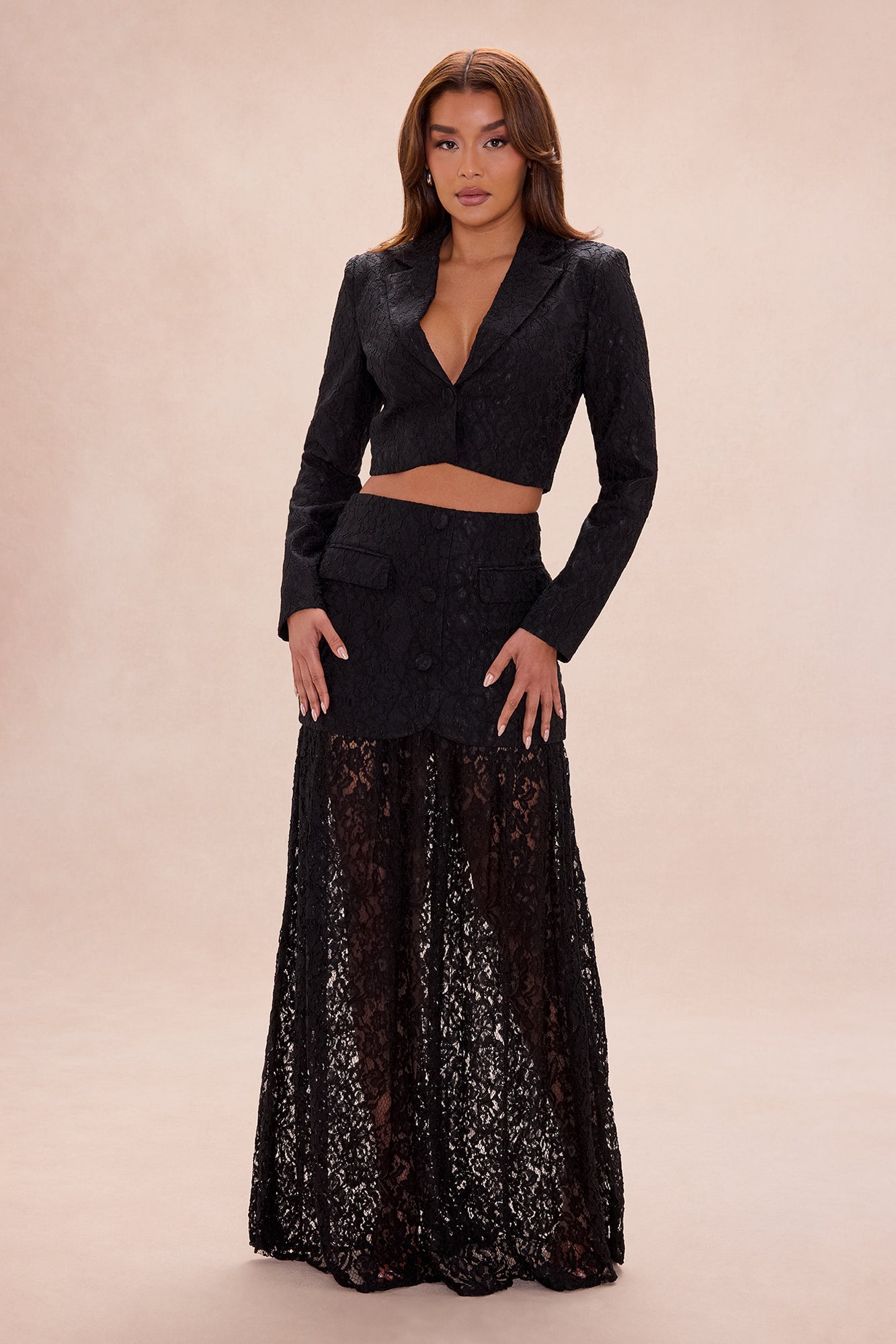 Charlene Lace Blazer Maxi Skirt Set - Black