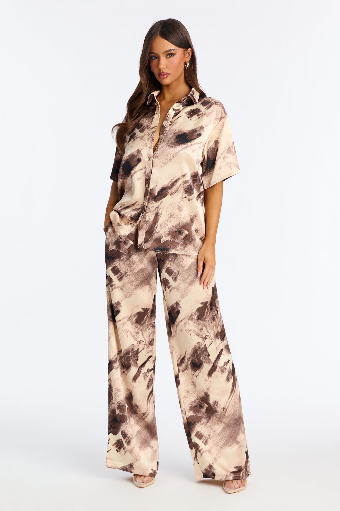 Mood Wash Satin Pant Set - Brown/combo