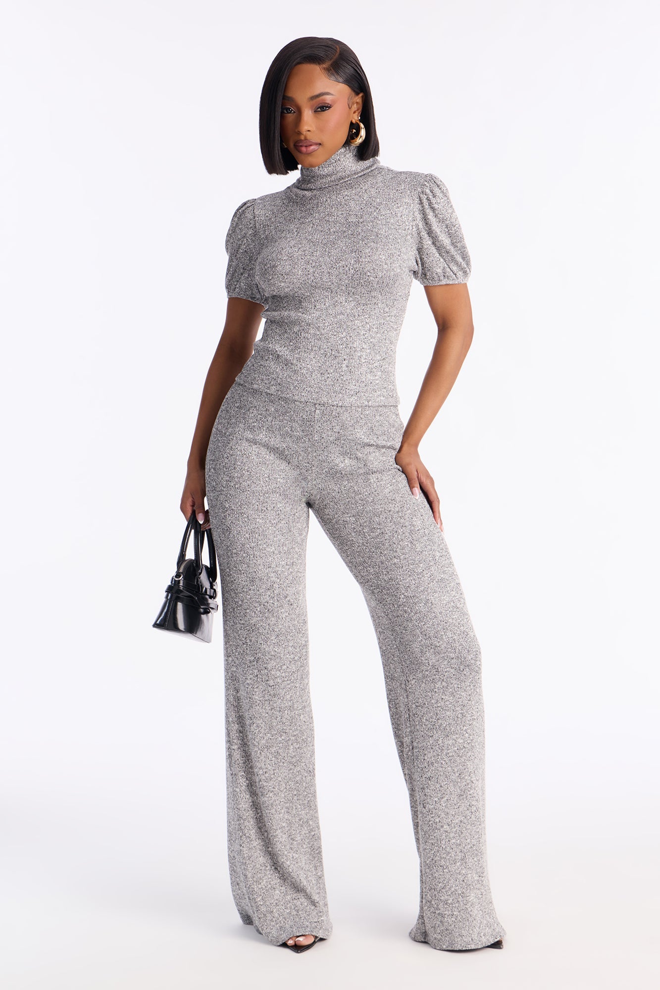 Maya Turtle Neck Short Sleeve Flare Pant Set - Grey