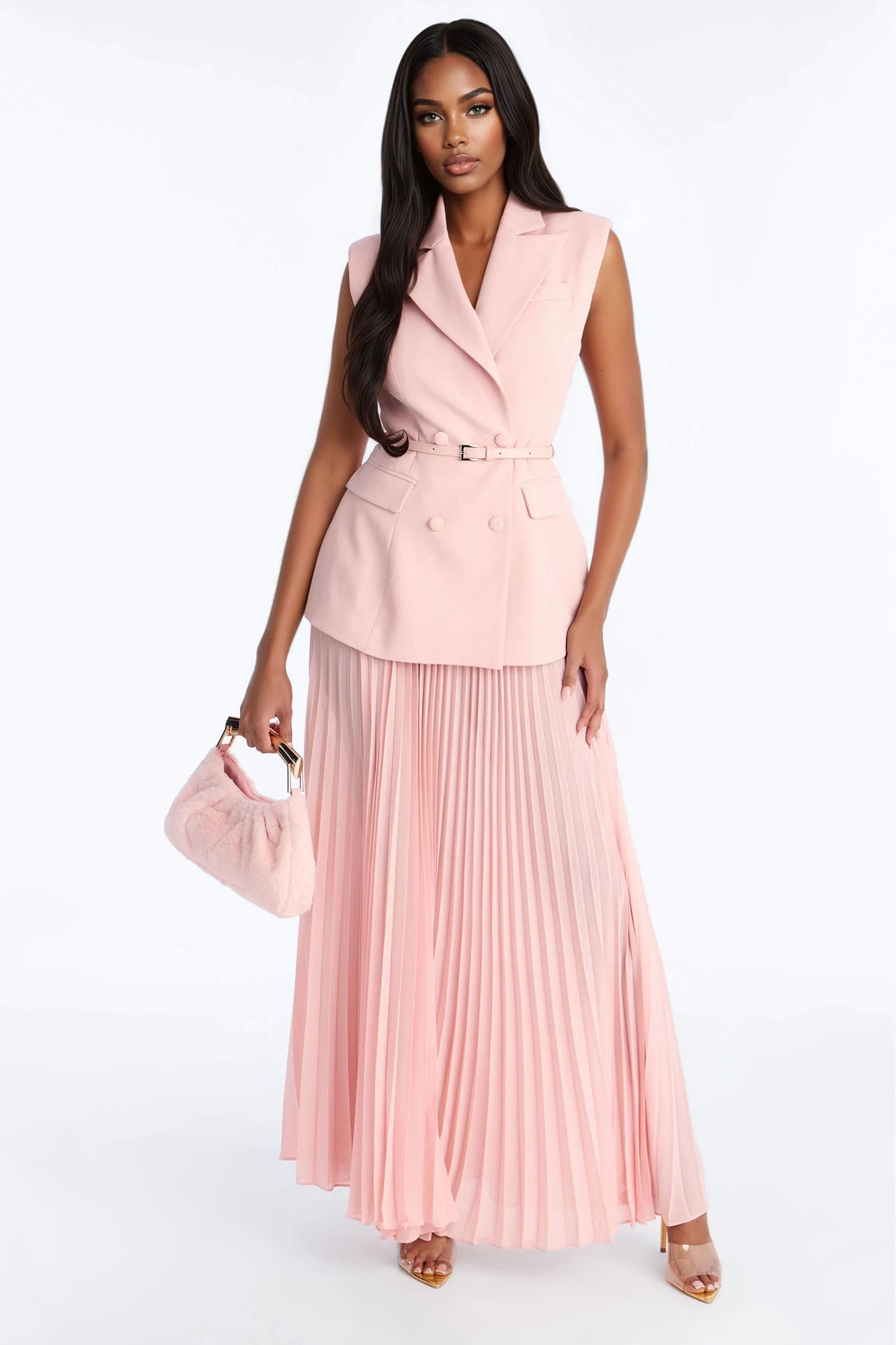 Aria Belted Blazer Pleated Maxi Skirt Set - Pink