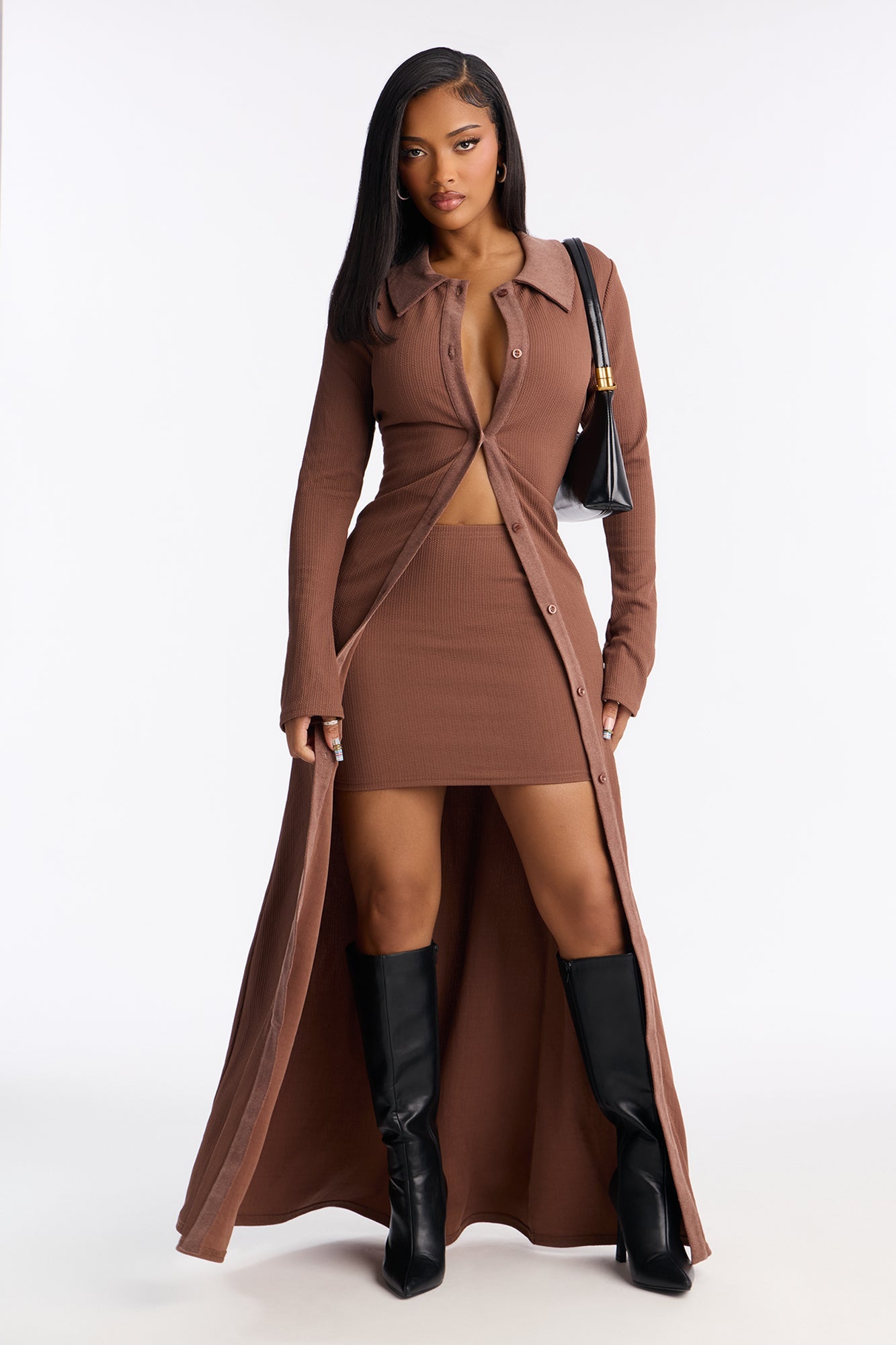 Layers And Legs Long Cardigan Mini Skirt Set - Brown