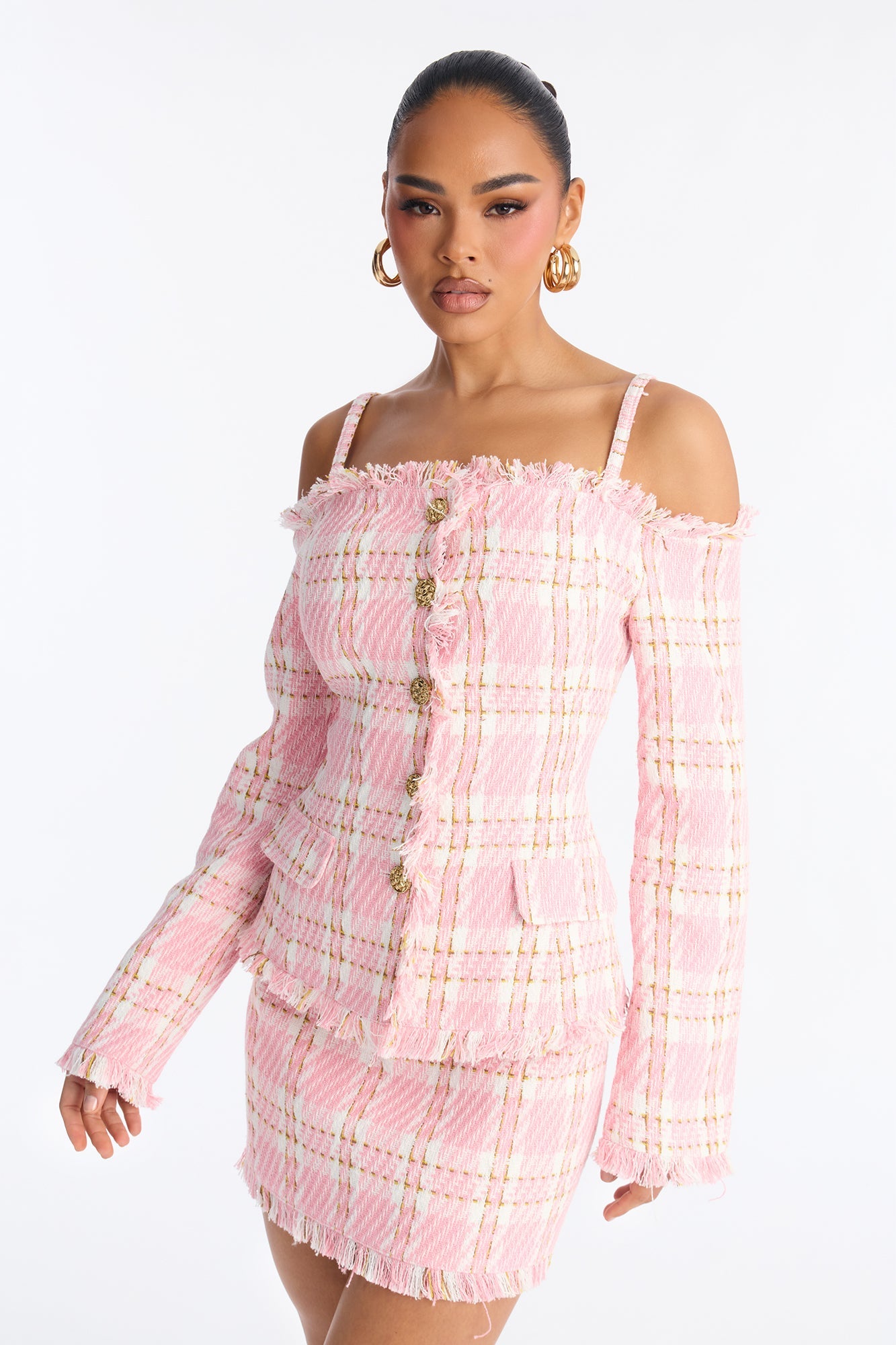 Ella Tweed Plaid Mini Skirt Set - Pink