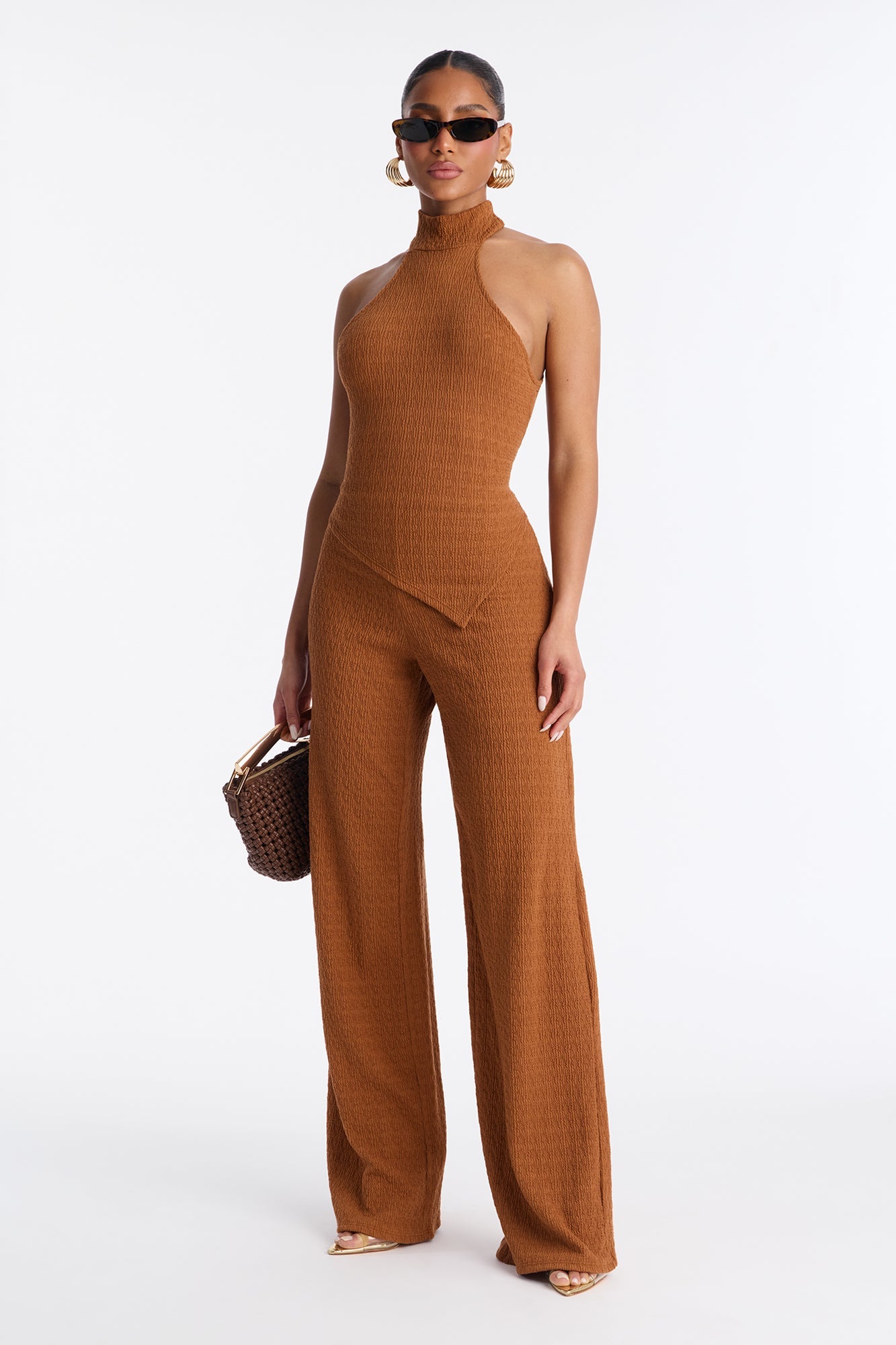 Gabriella Textured Asymmetrical Pant Set - Cognac