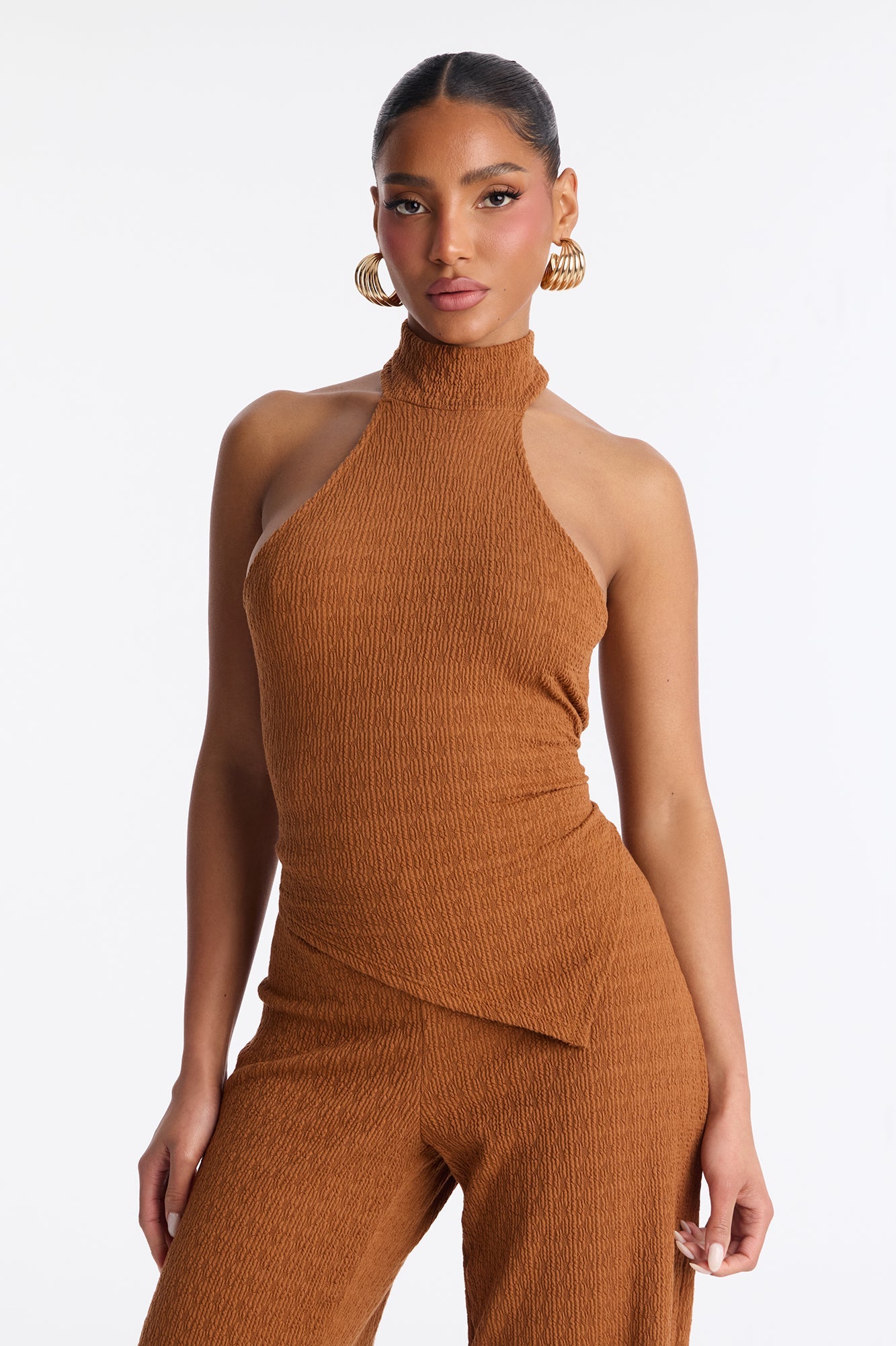Gabriella Textured Asymmetrical Pant Set - Cognac