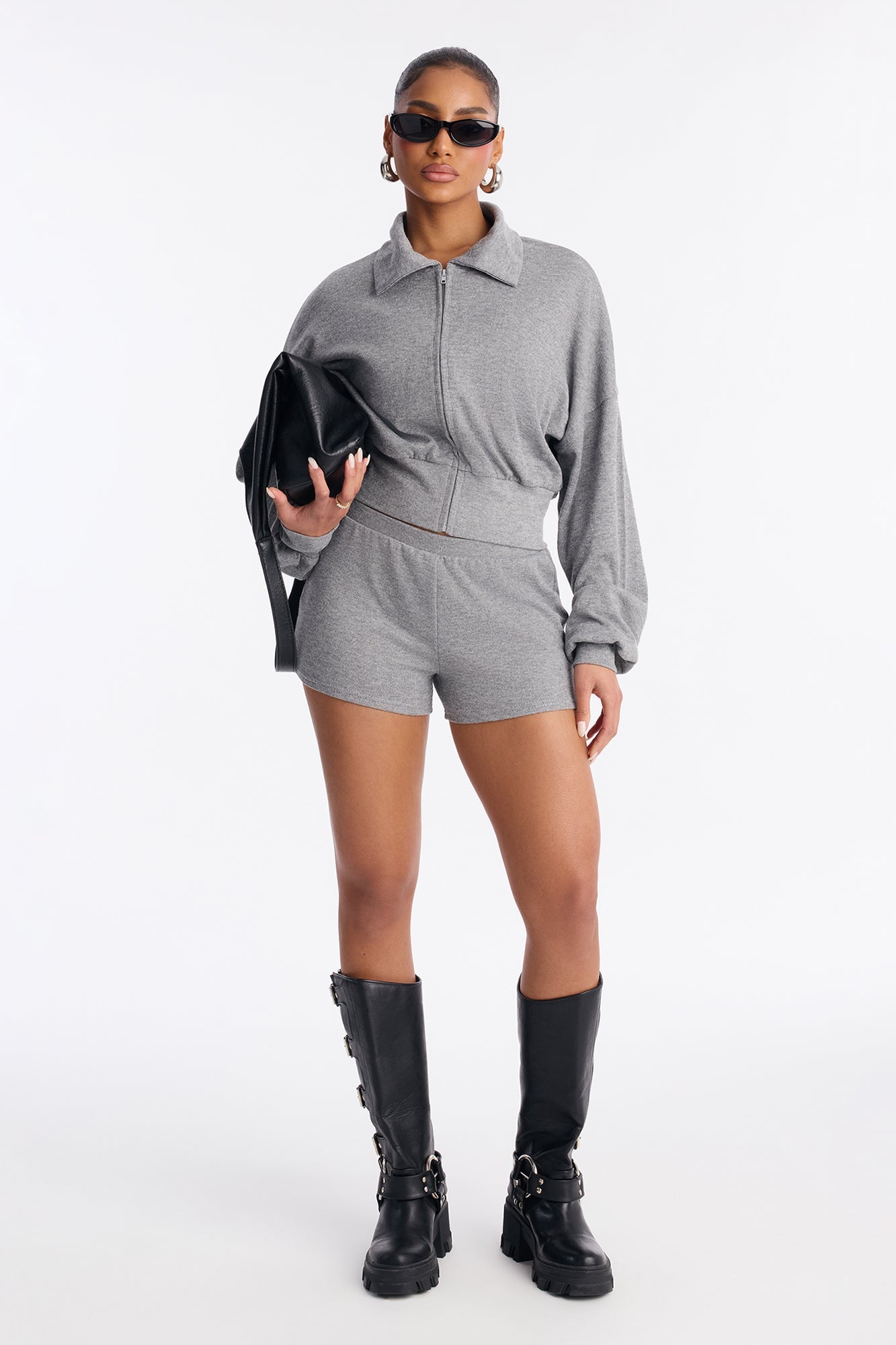 Jessie Ribbed Biker Short Set - Grey
