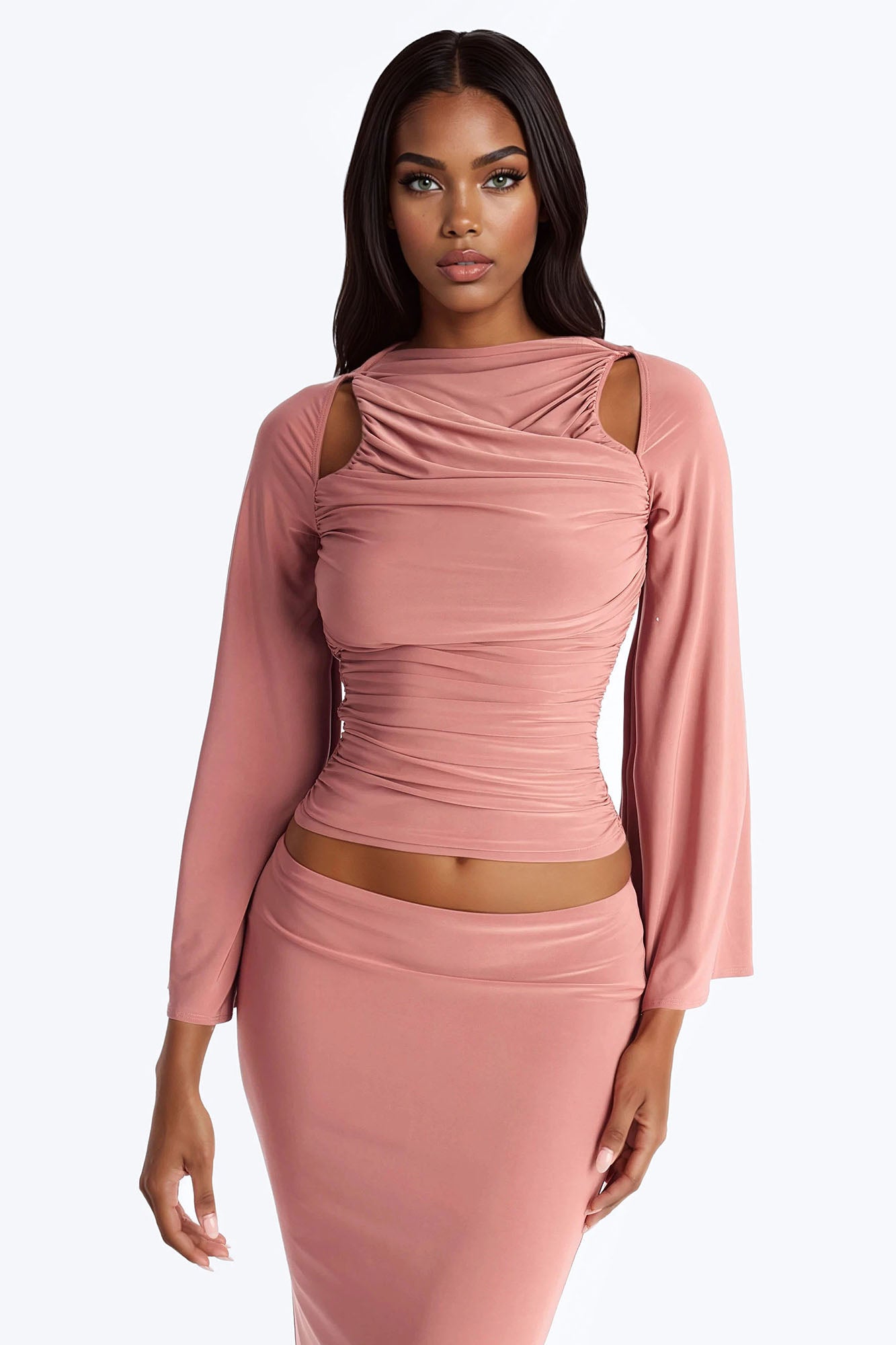 Carlita Ruched High Neck Maxi Skirt Set - Mauve