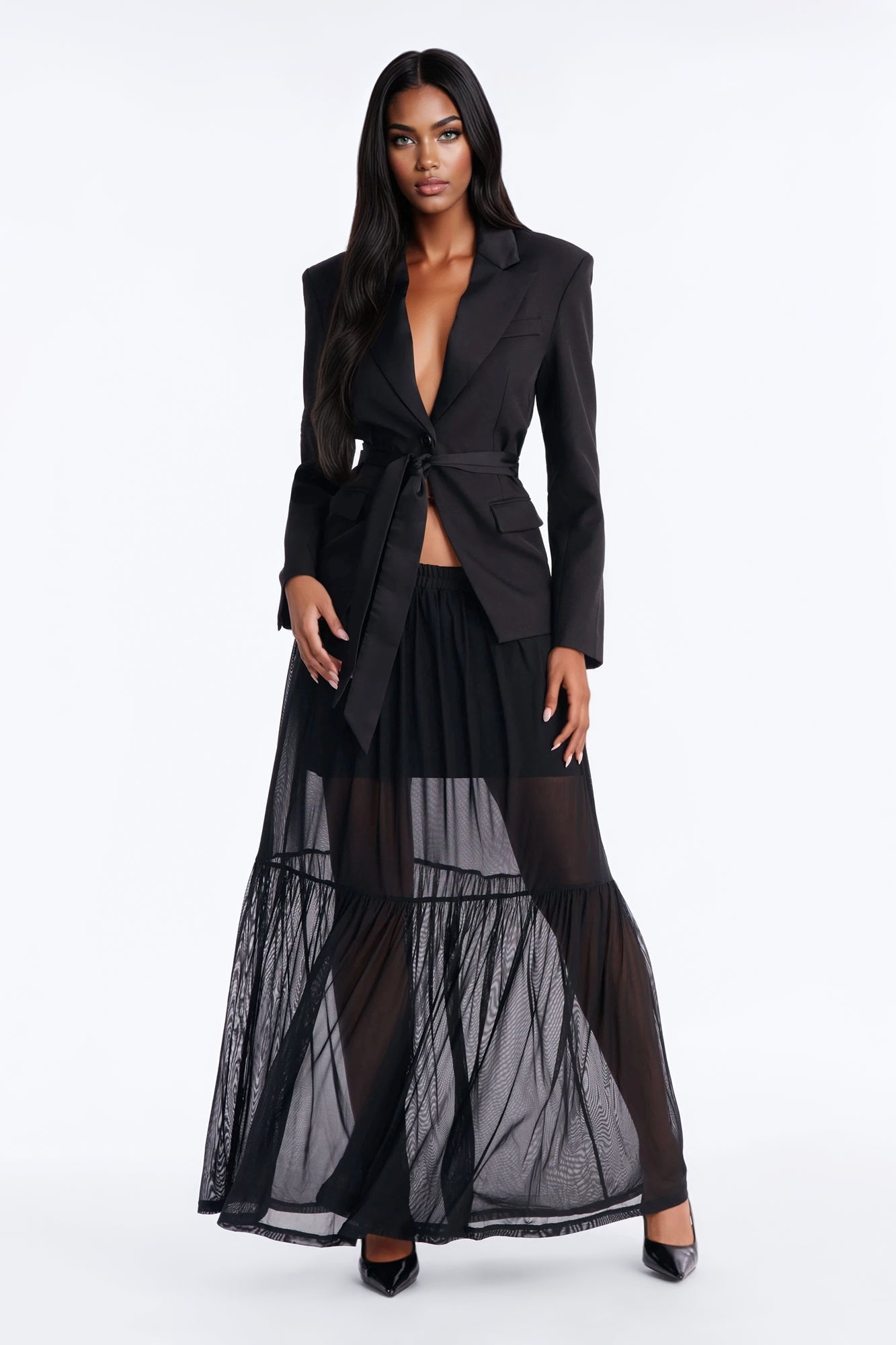 Bianca Cinched Blazer And Maxi Skirt Set - Black