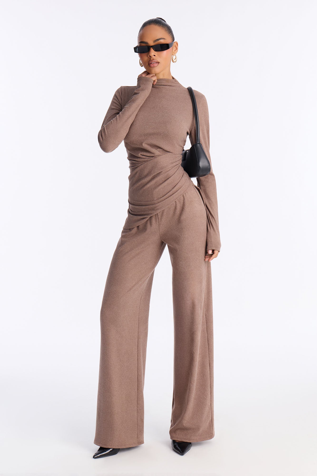 Rosie Brushed Knit High Neck Pant Set - Brown