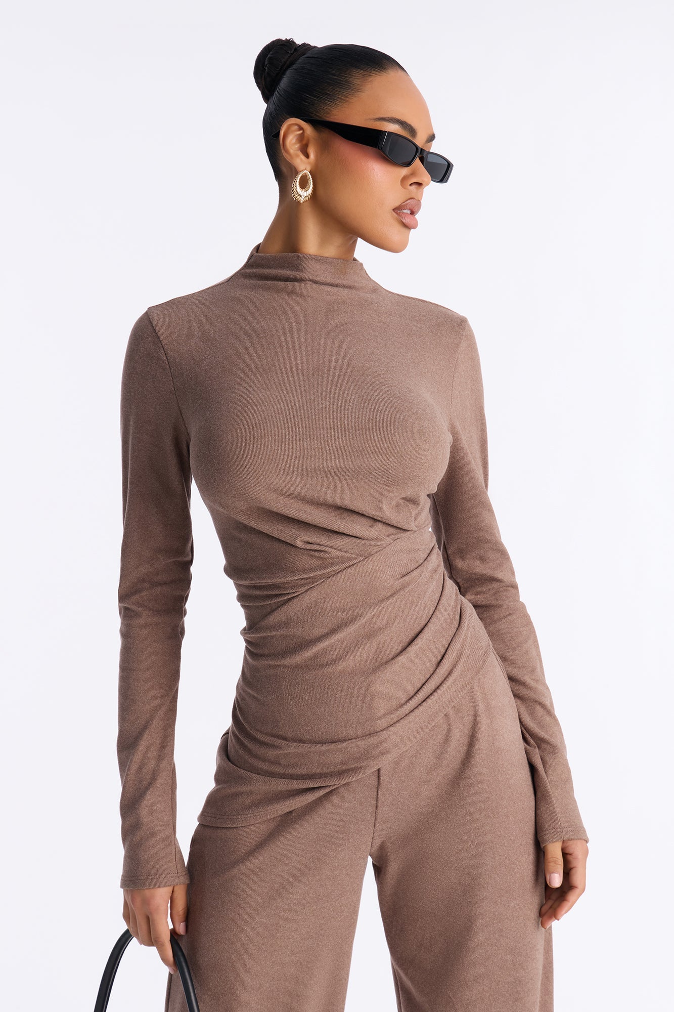 Rosie Brushed Knit High Neck Pant Set - Brown
