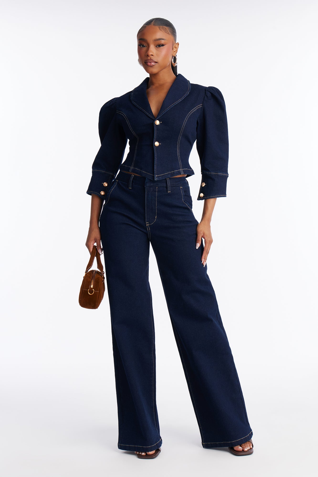 Riley Puff Sleeve Denim Pant Set - Dark Denim
