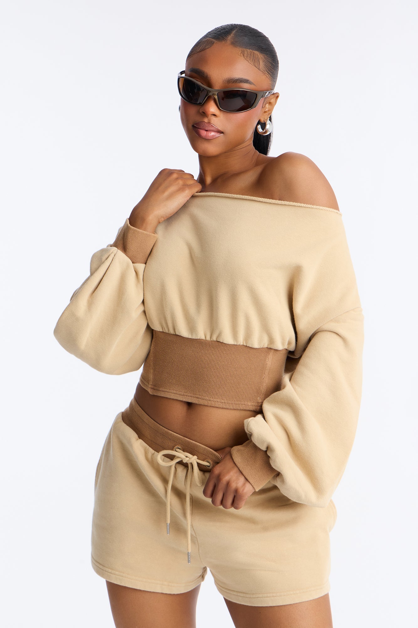 Come Find Me Washed Fleece Mix Short Set - Taupe