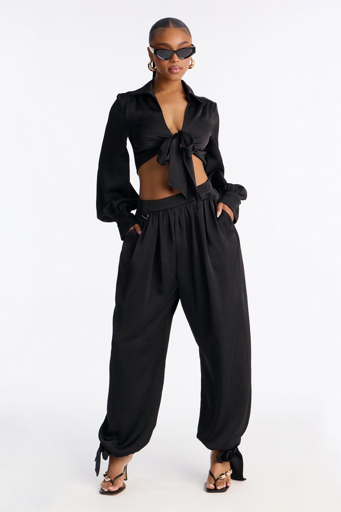 Michelle Satin Balloon Pant Set - Black