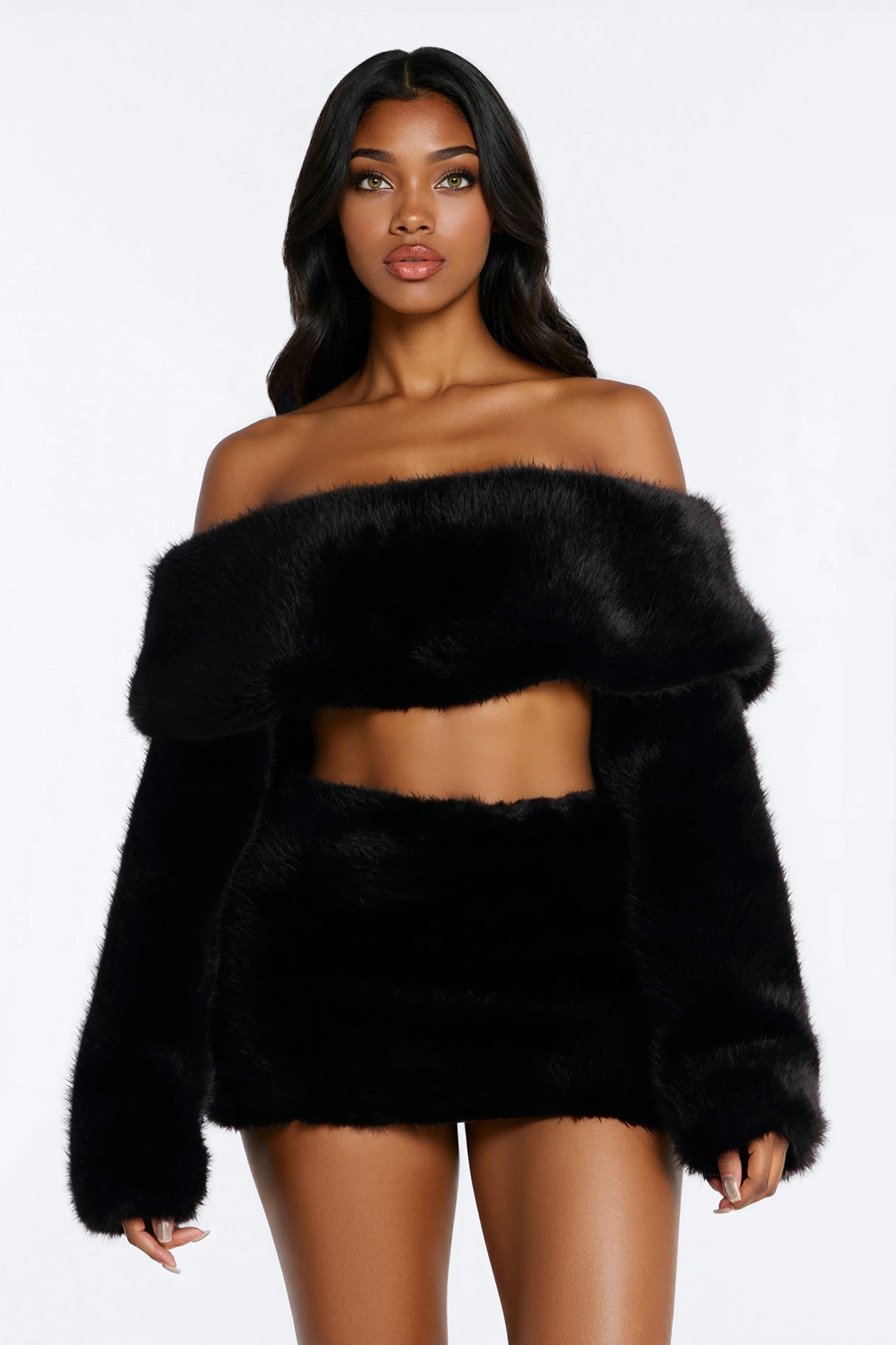 Jada Faux Fur Mini Skirt Set - Black