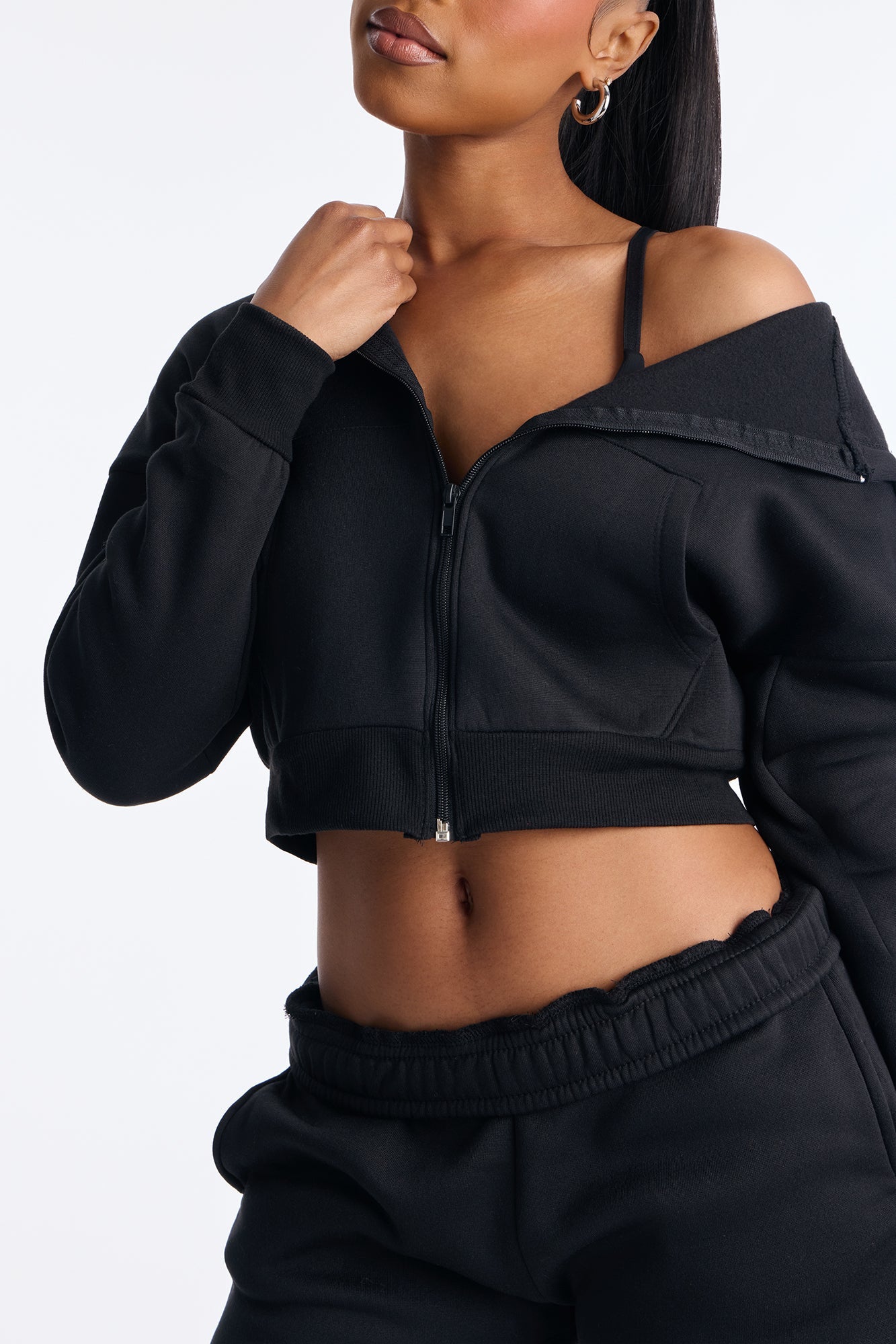 Nadine Fleece Zip Up Hoodie Short Set - Black