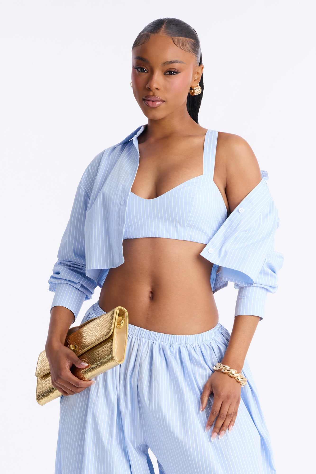 Camie Pinstripe 3 Piece Balloon Pant Set - Blue