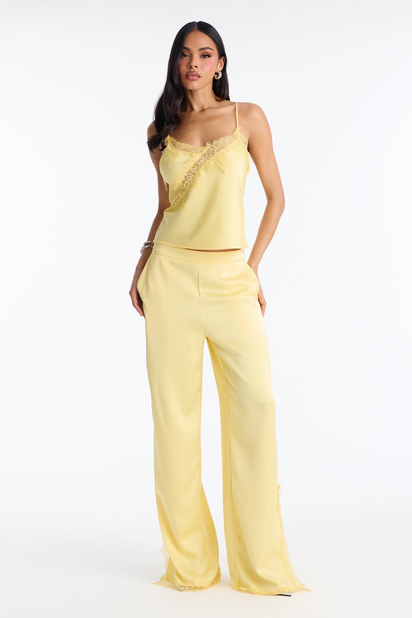 Araiza Satin Lace Trim Pant Set - Yellow