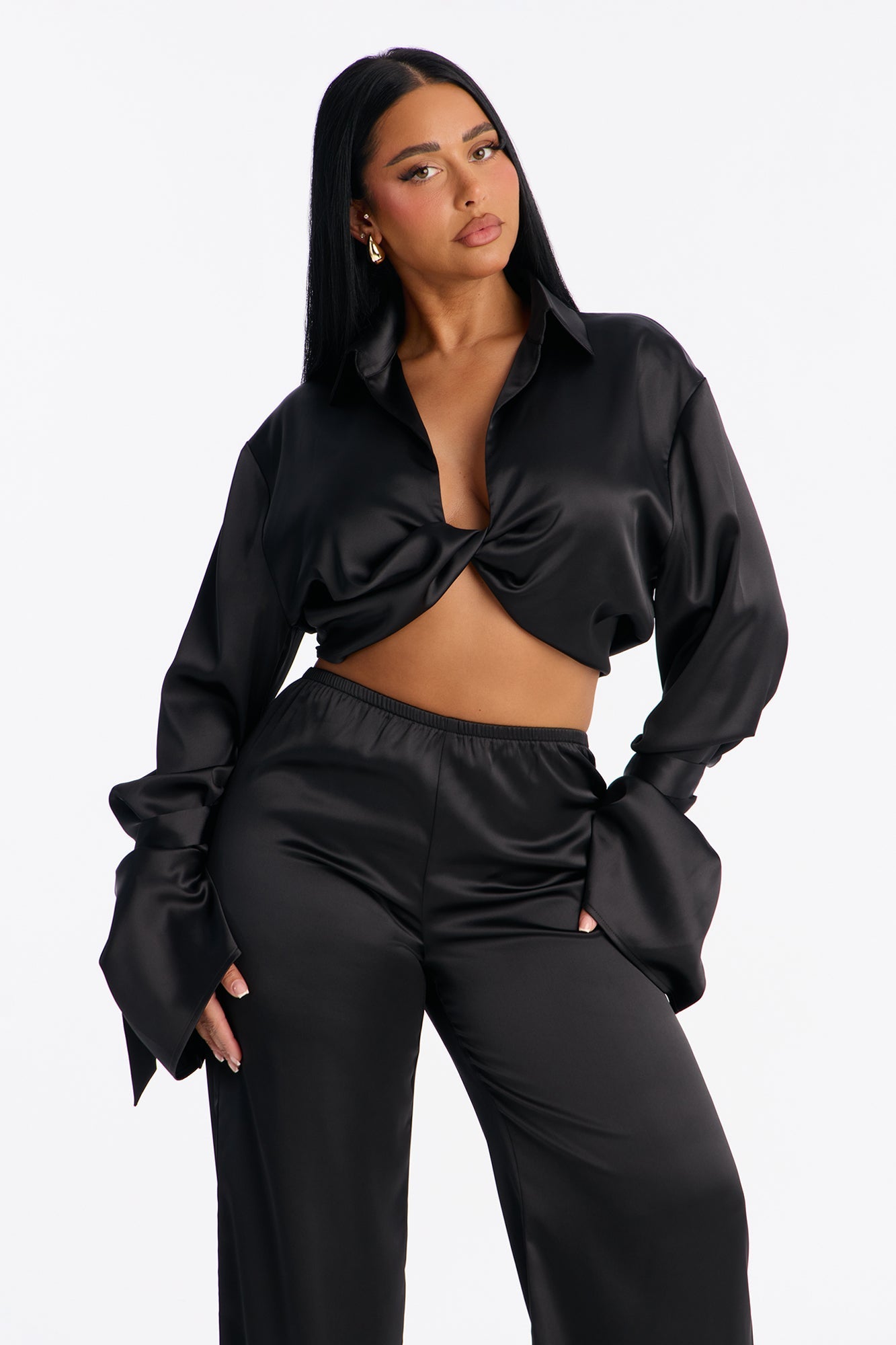 Lost In Allure Satin Pant Set - Black
