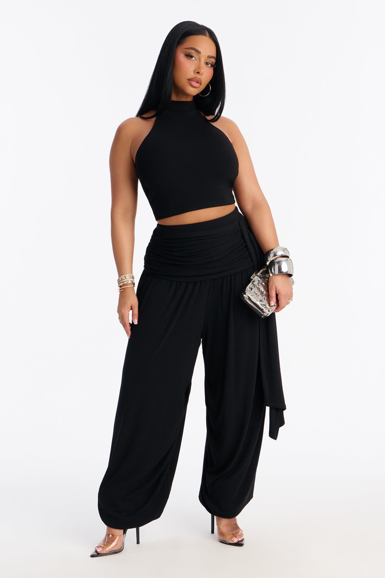 Anya Mock Neck Balloon Pant Set - Black
