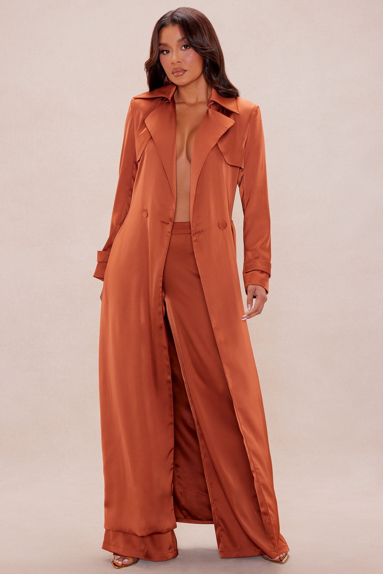 Gabriella Satin Trench Coat And Pant Set - Rust