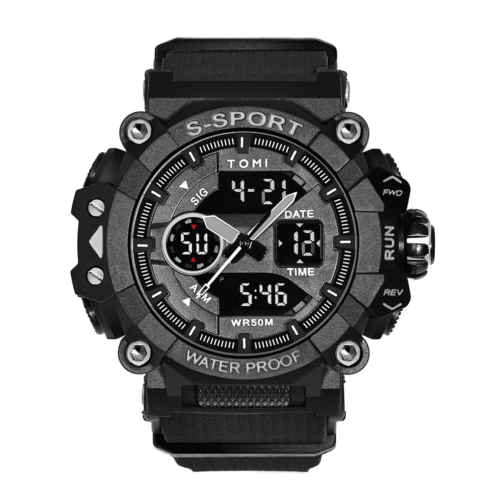 TOMI Men Sports Watch Simple Outdoor Sports Waterproof Double Display Night Light Men Electronic Watch Military Sports
