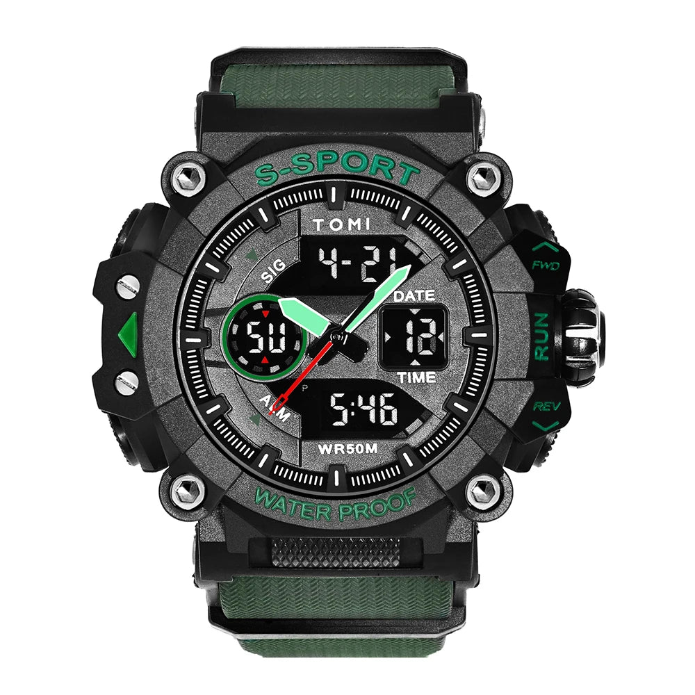 TOMI Men Sports Watch Simple Outdoor Sports Waterproof Double Display Night Light Men Electronic Watch Military Sports