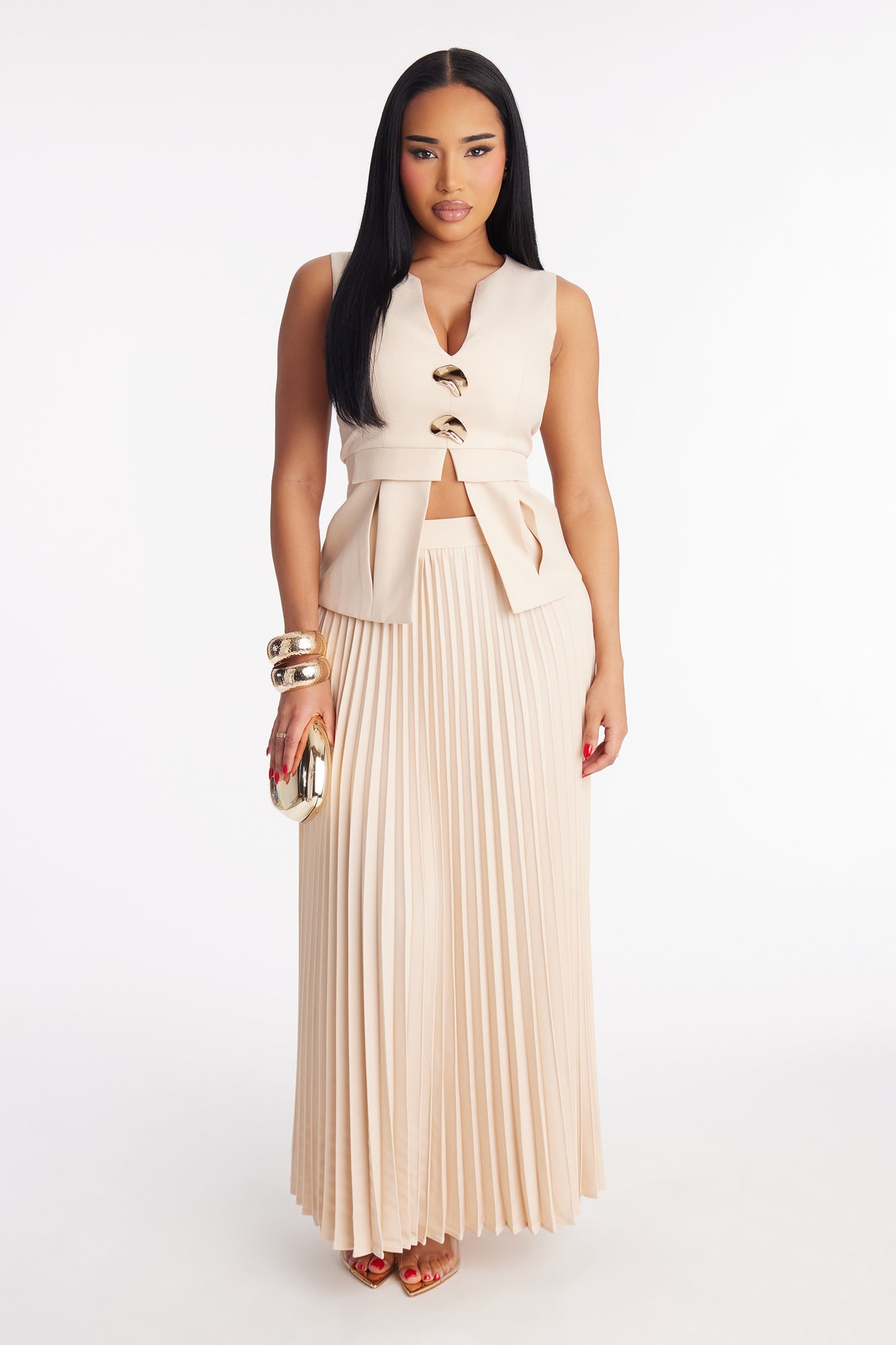 Darlene Pleated Skirt Set - Taupe