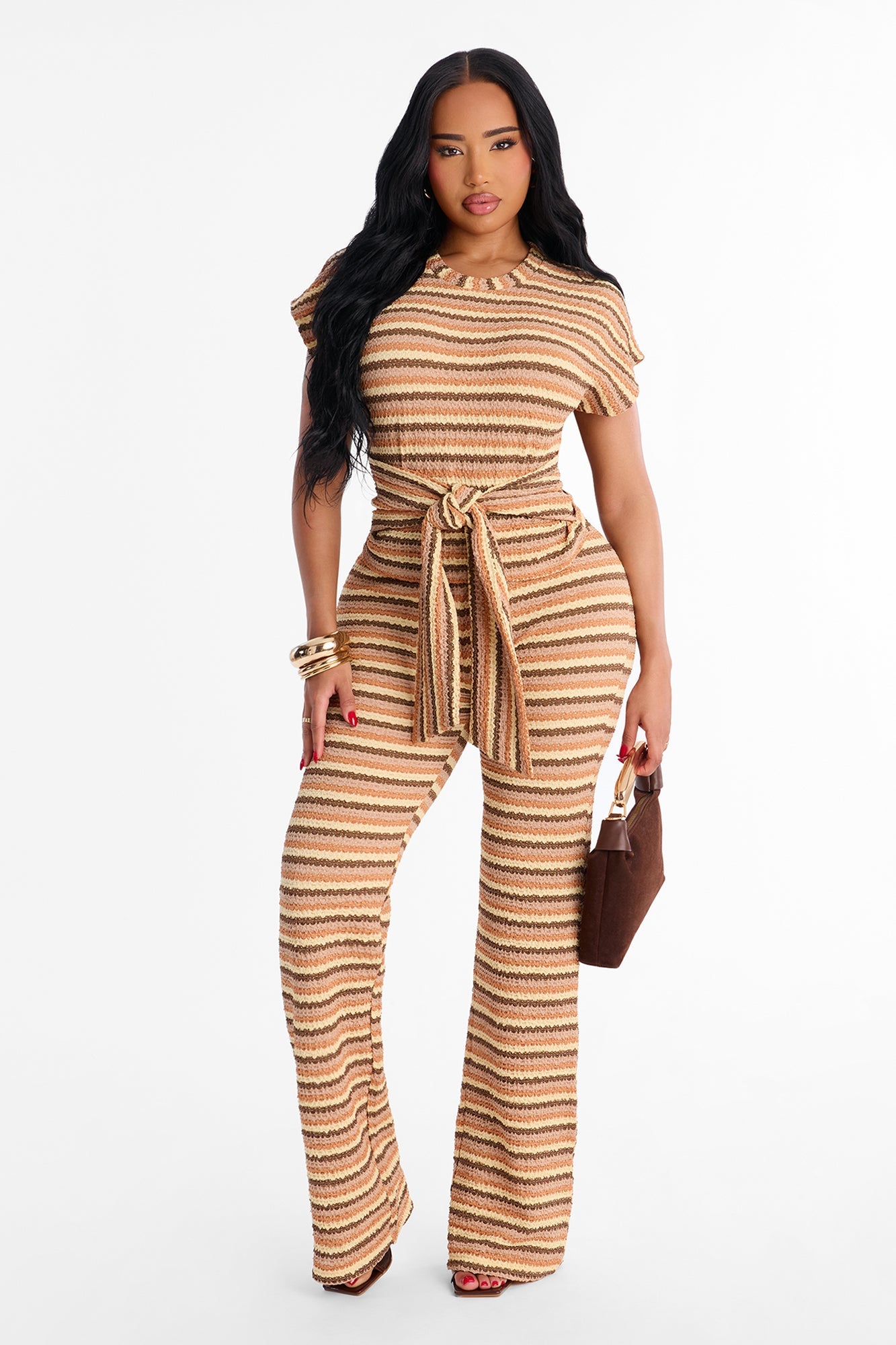 Lucia Textured Striped Pant Set - Khaki