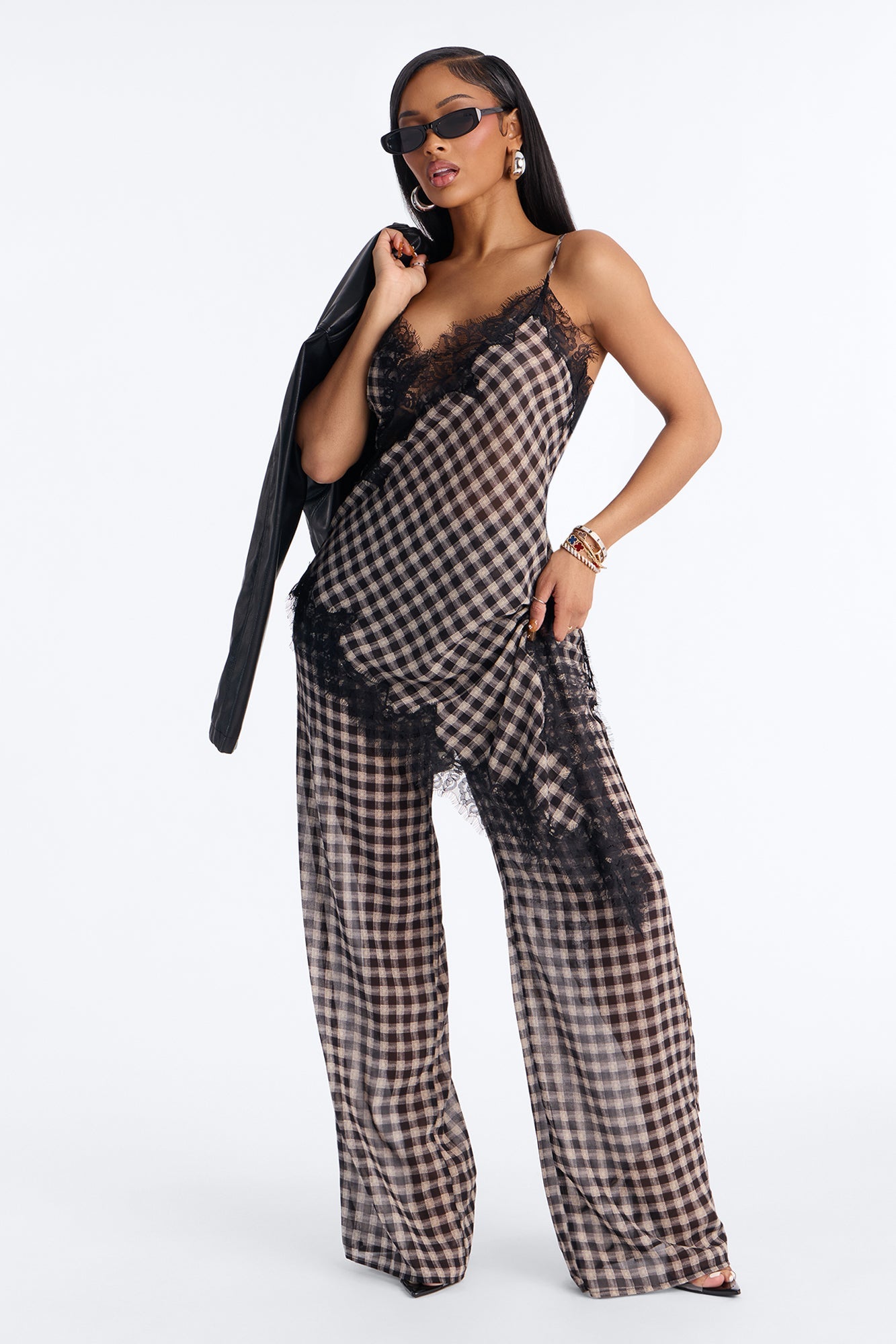 Janet Checkered Lace Trim Pant Set - Black/combo
