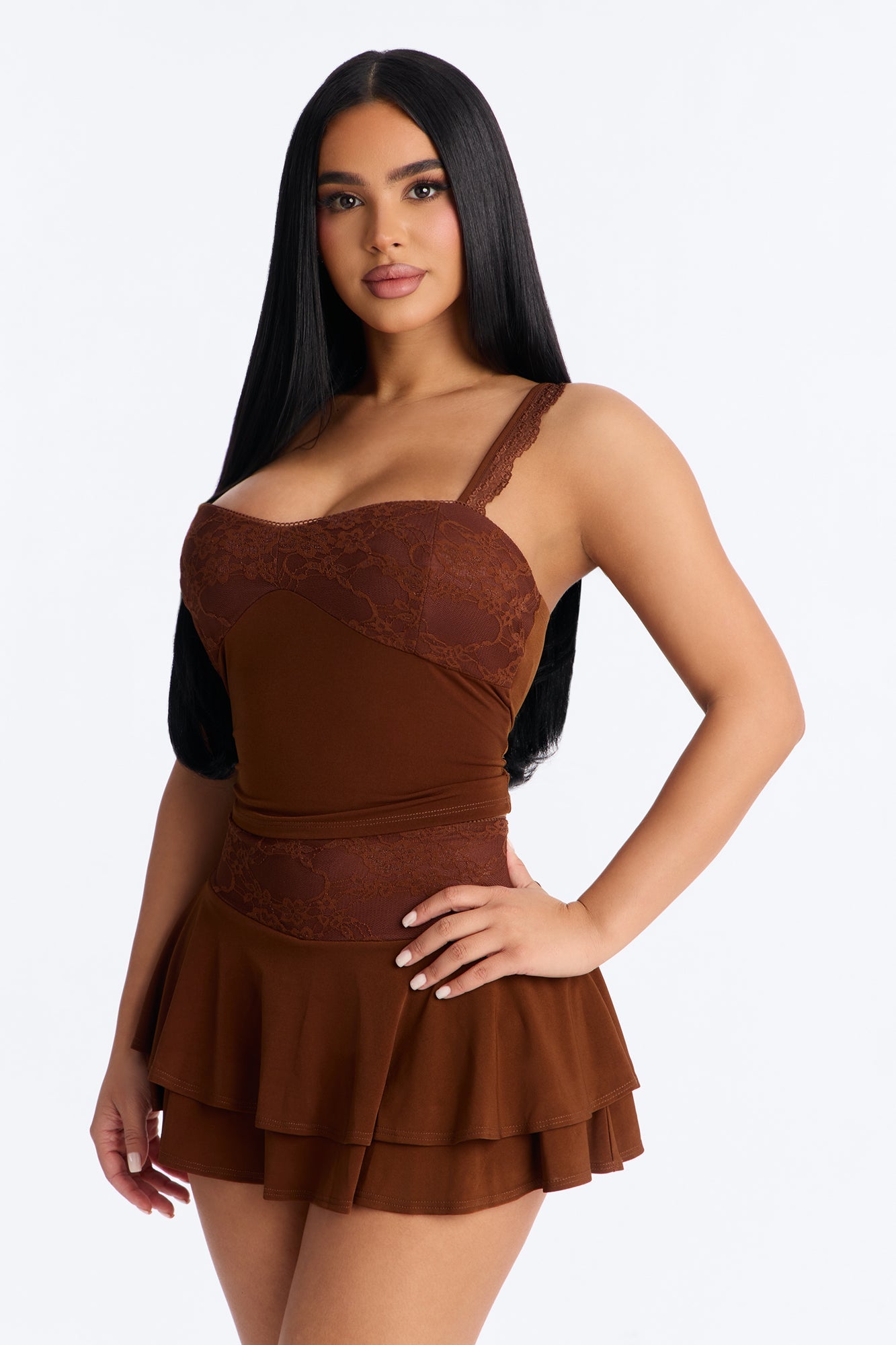 Jenny Tiered Lace Skirt Set - Brown