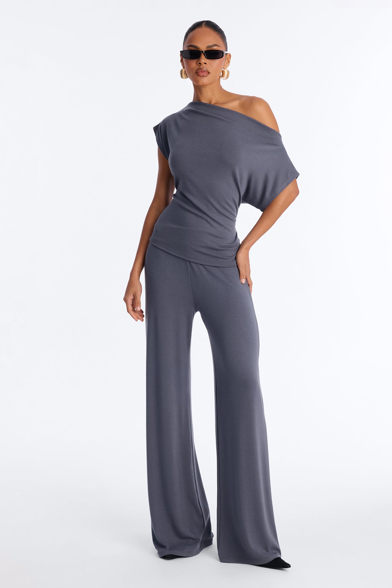Alicia Off Shoulder Wide Leg Pant Set - Dark Grey