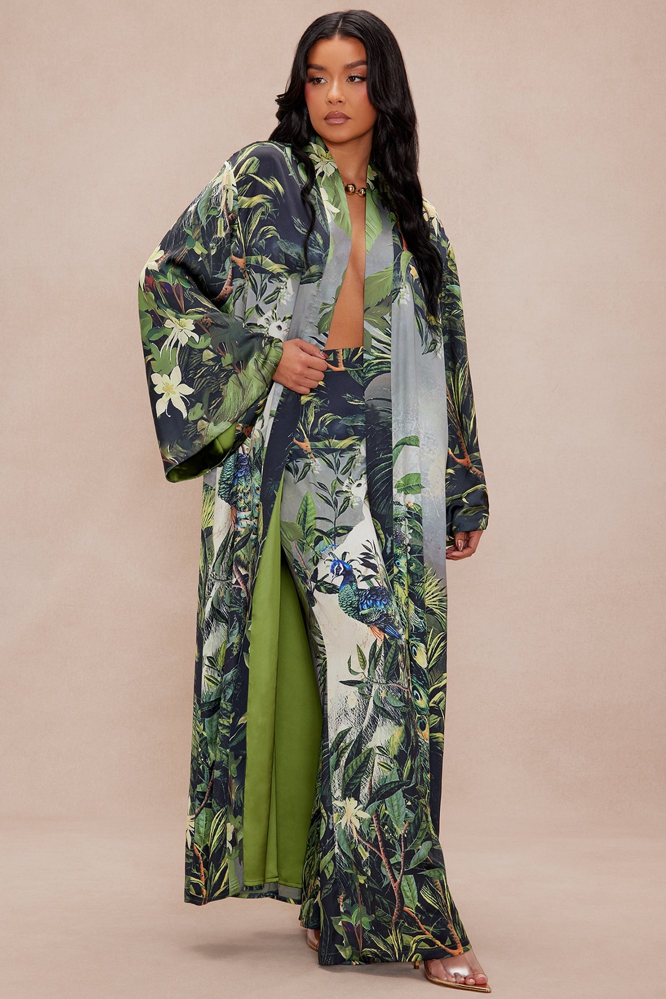 Kamaria Satin Kimono Set - Green/combo