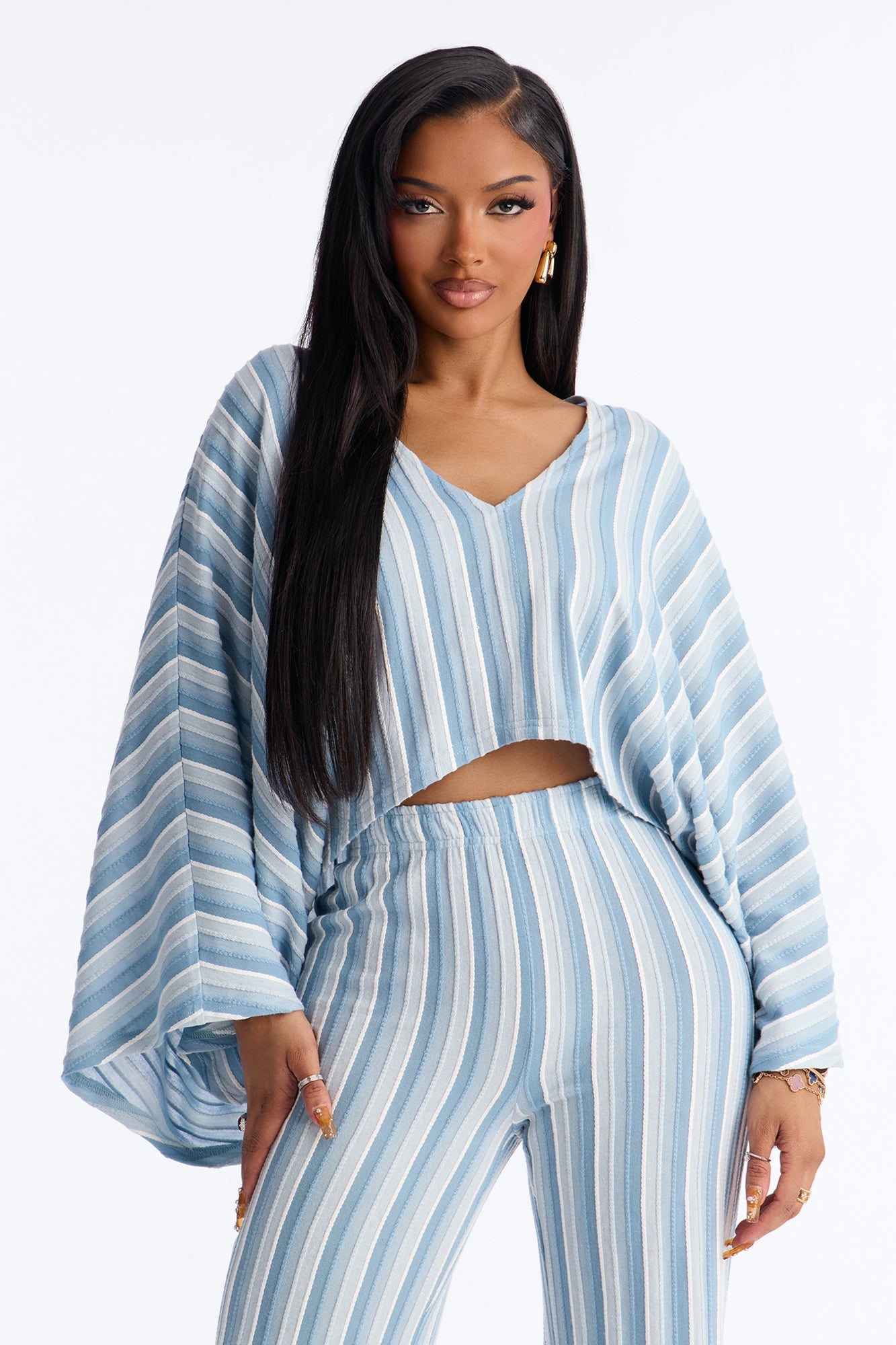 Along Those Lines Striped Jacquard Pant Set - Blue/combo