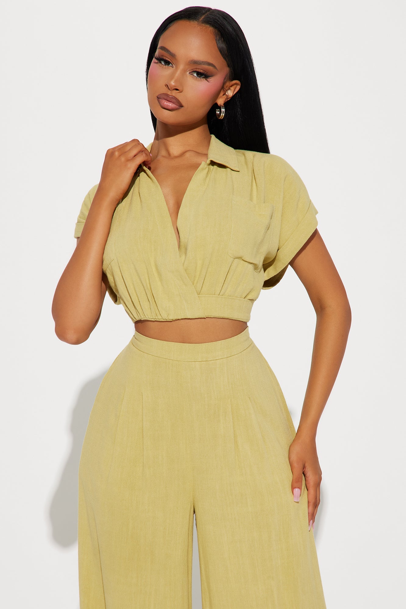 Andrea Linen Pant Set - Chartreuse