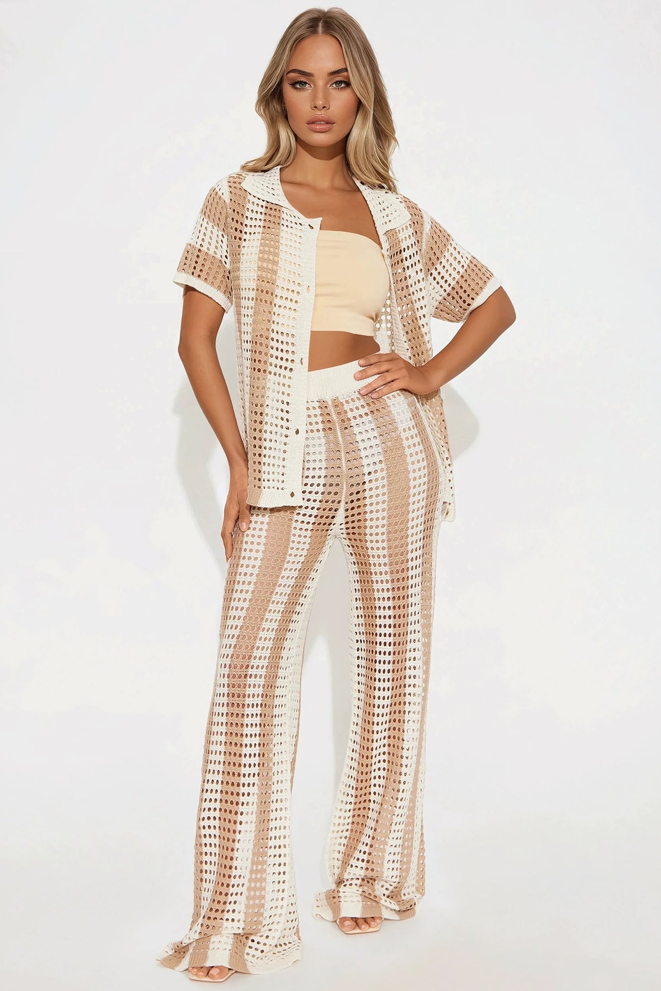 Hayden Crochet Pant Set - Taupe/combo