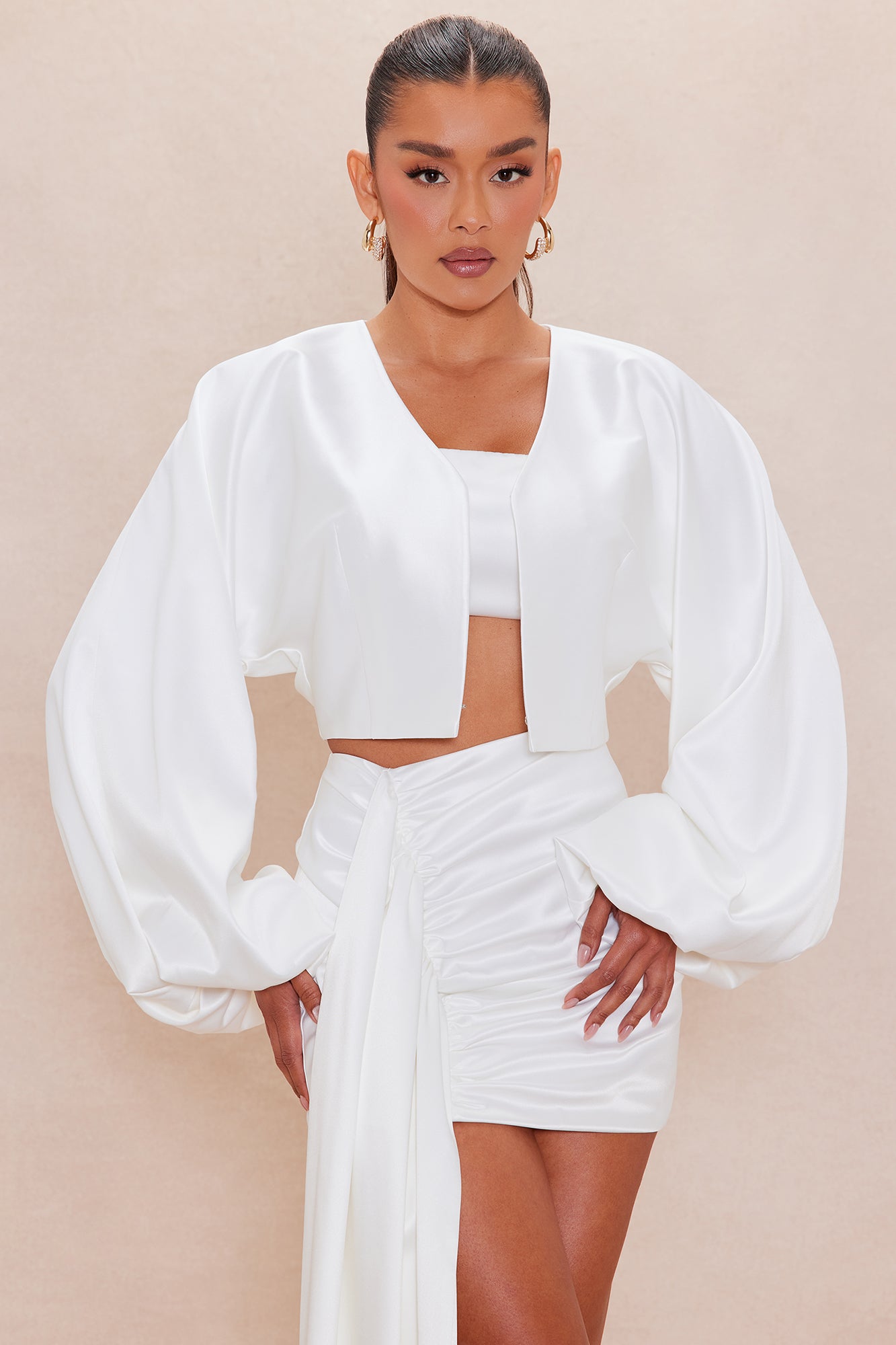 Abigail Satin Mini Skirt Set - White