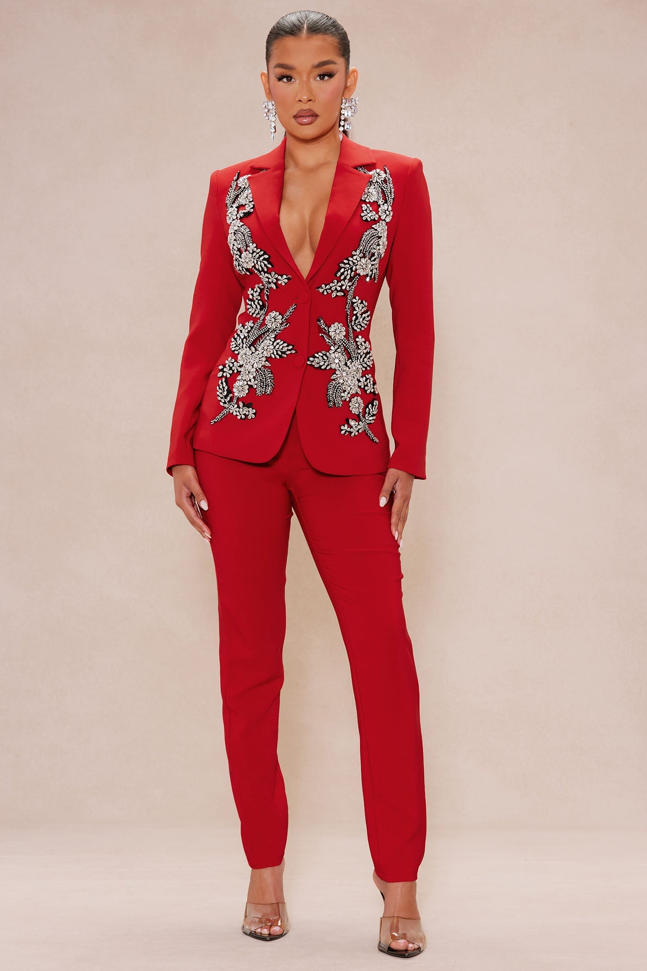 Elegant Embellished Blazer Suit Set - DarkRed