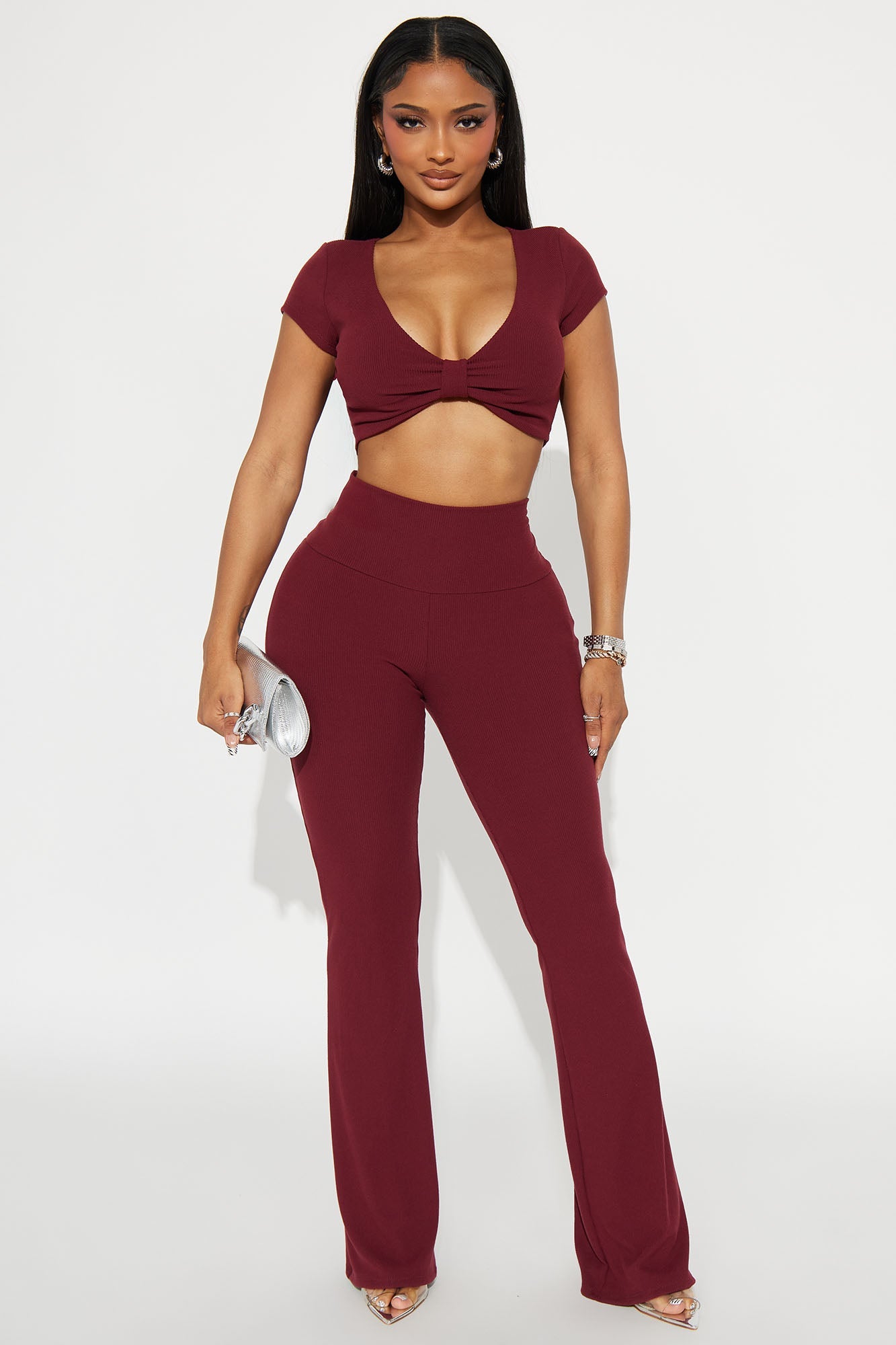 Pilates Princess Bow Flare Leg Pant Set - Burgundy
