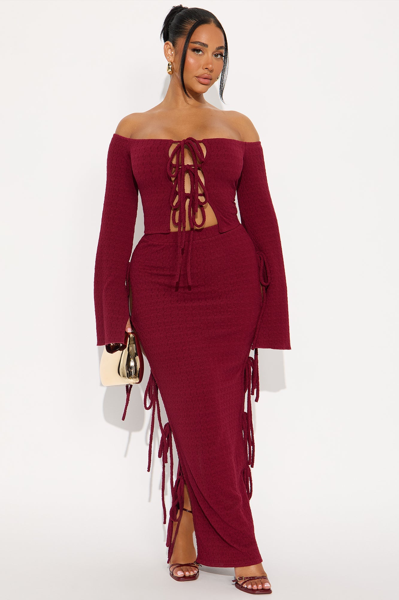 Perfectly Situated Textured Knit Maxi Skirt Set - Wine