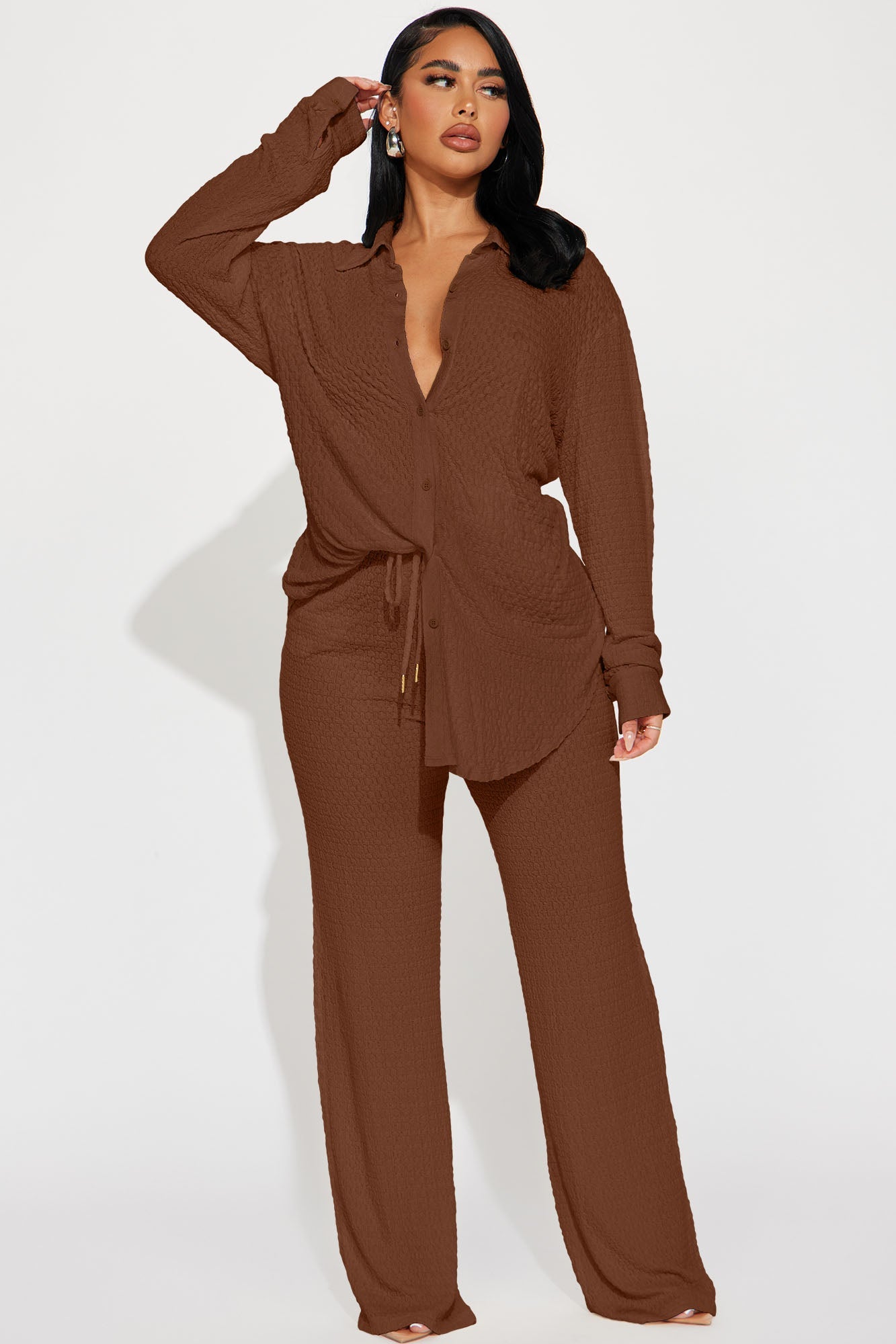 Fly With Me Textured Pant Set - Mocha