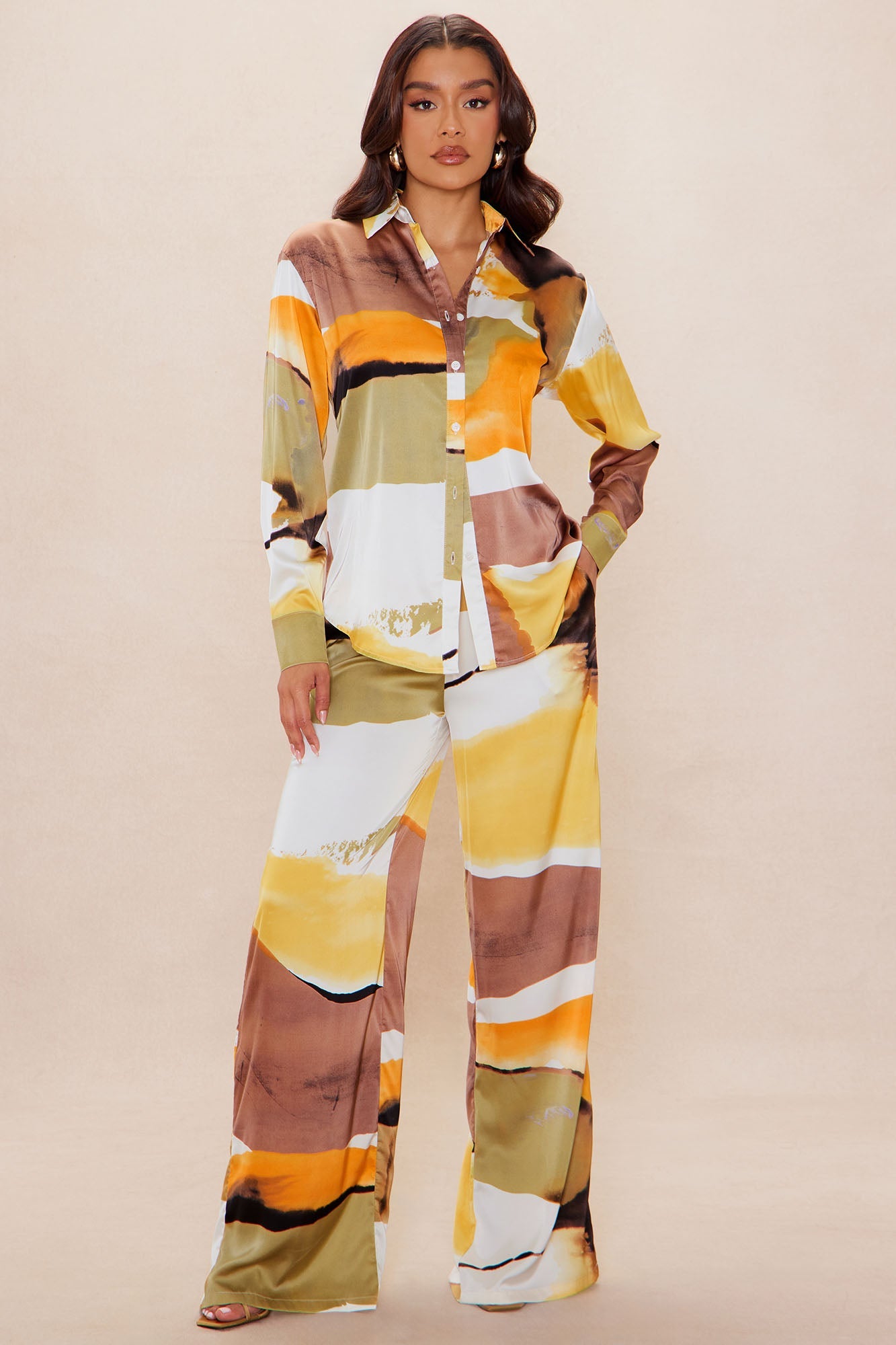 Rena Satin Pant Set - Yellow/combo