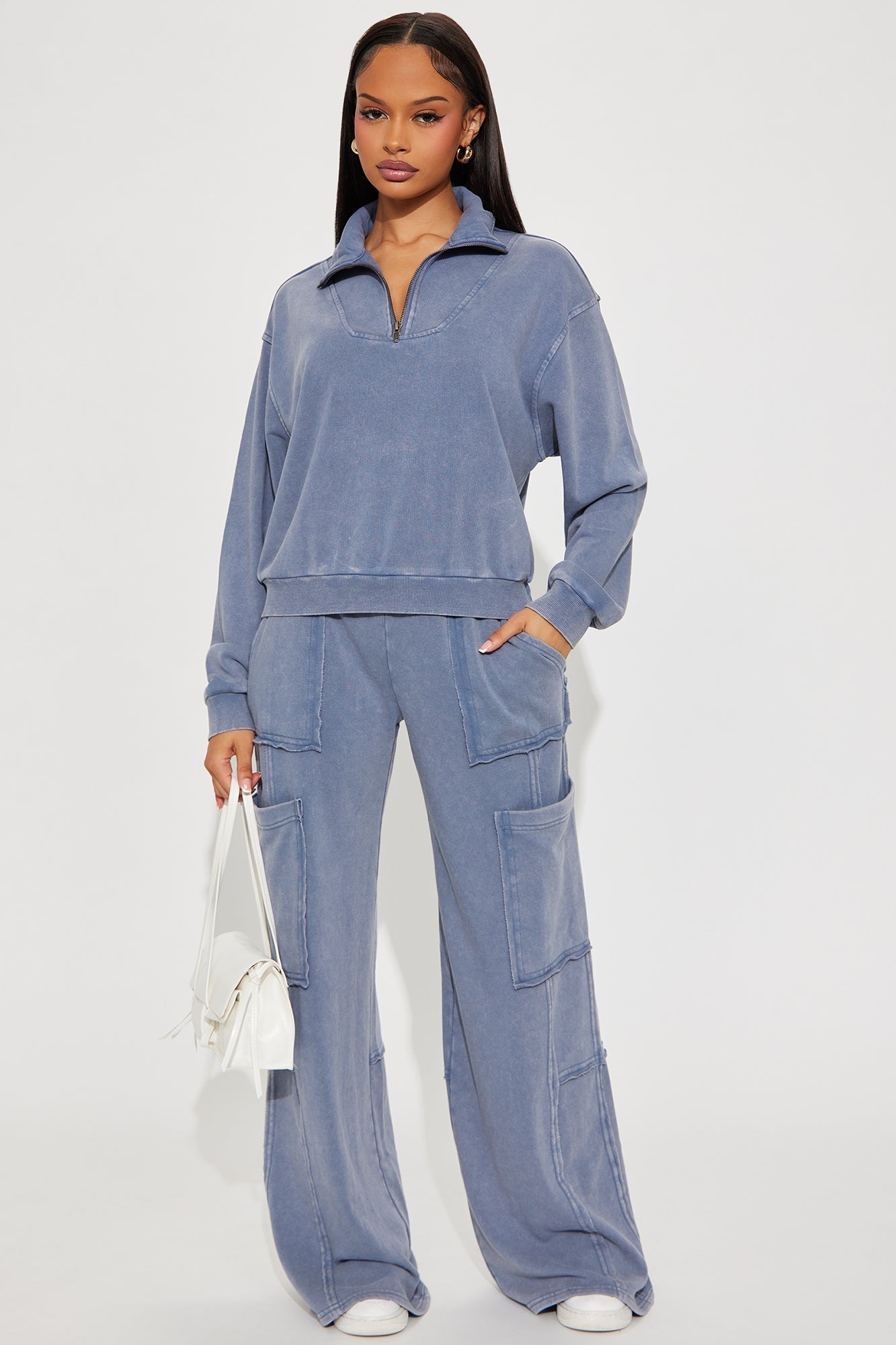 Come And Go Quarter Zip Washed Pant Set - Navy