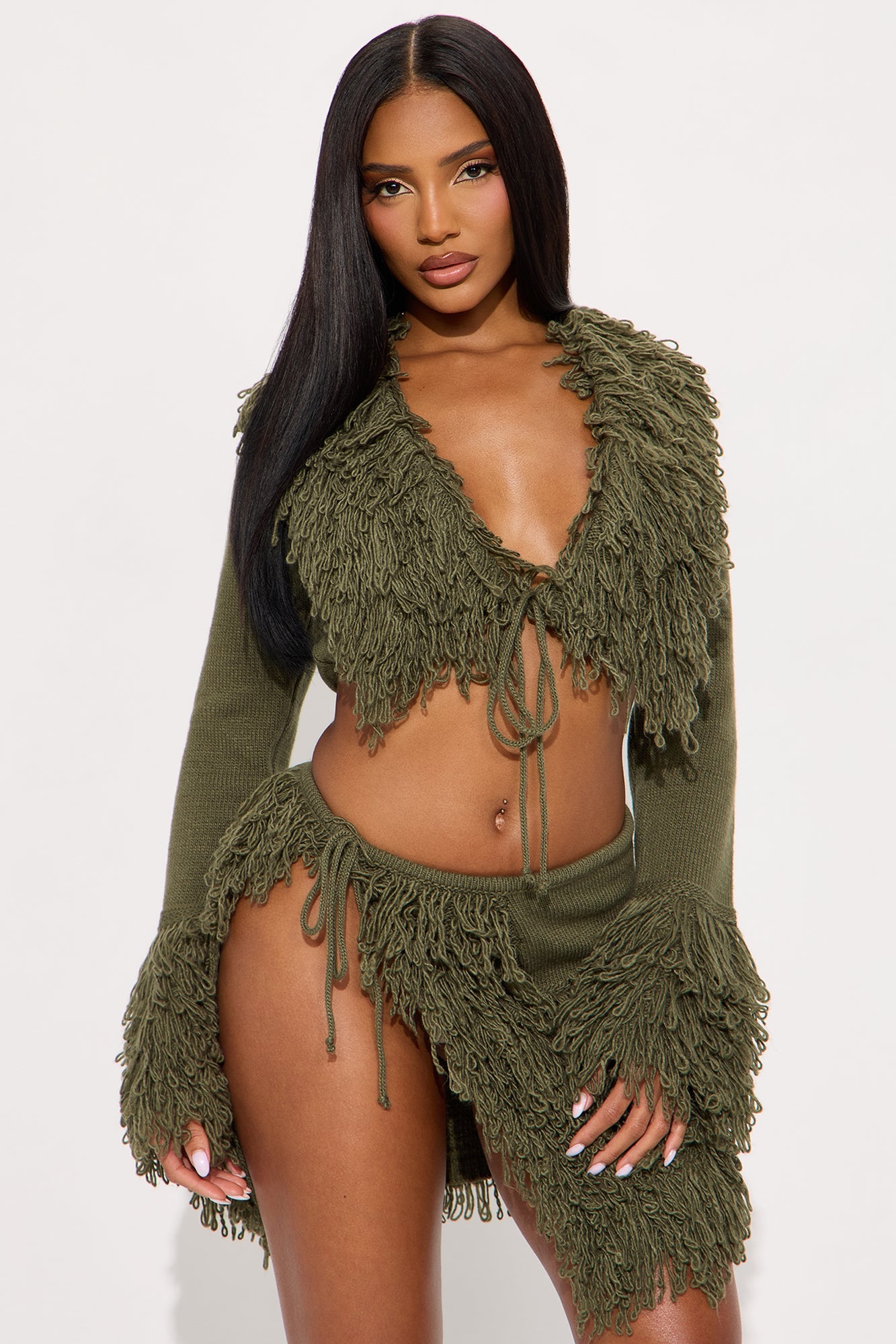Falling For Me Fringe Sweater Skirt Set - Olive