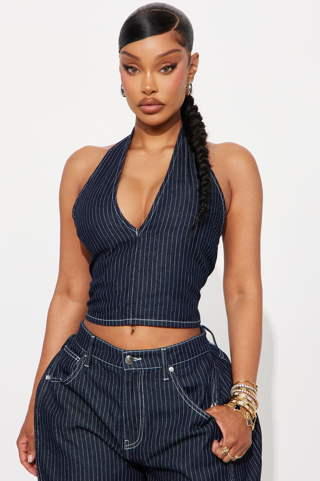 Fine Lines Pinstripe Pant Set - Dark Wash