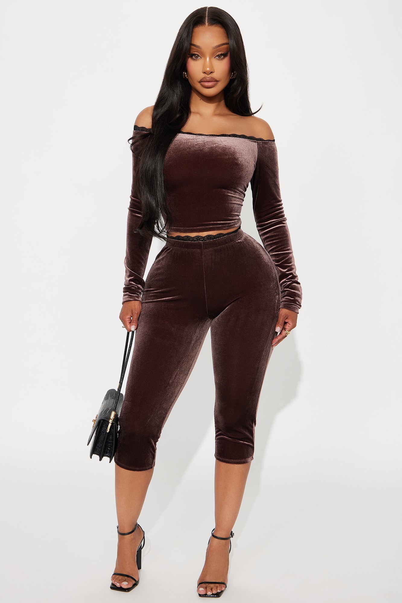 Carmella Off Shoulder Velvet Capri Set - Brown