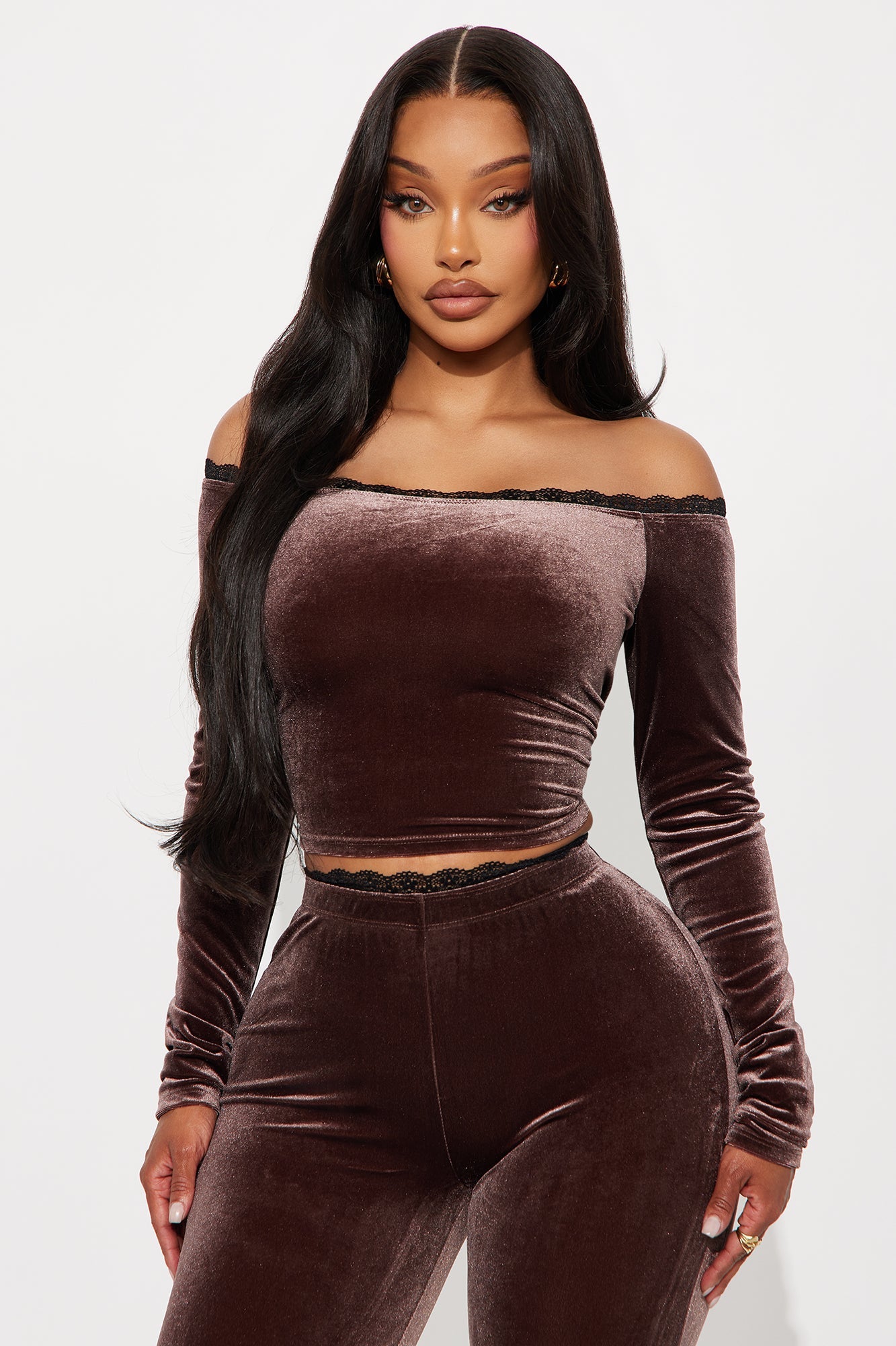 Carmella Off Shoulder Velvet Capri Set - Brown