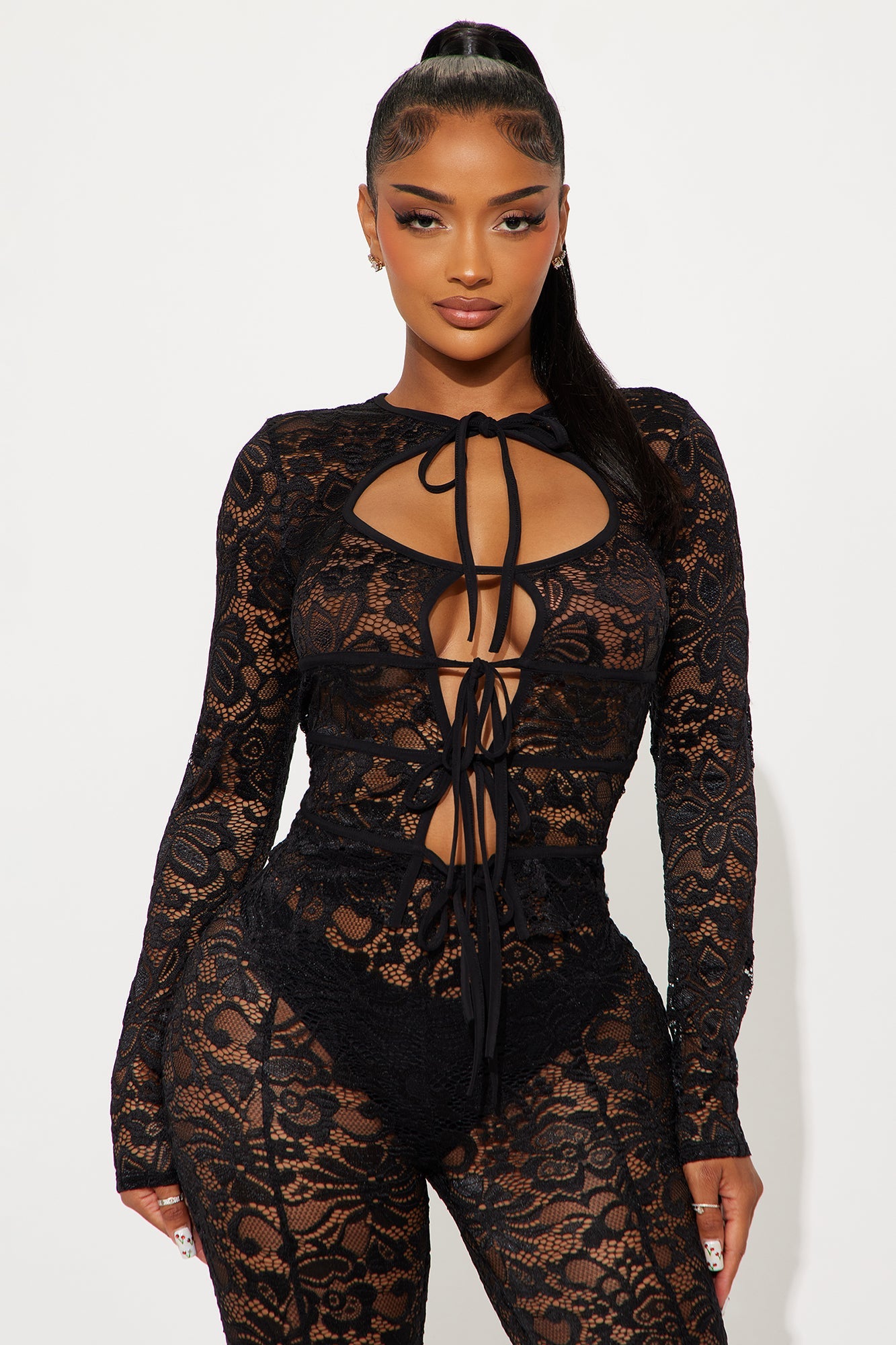 Lora Lace Long Sleeve Capri Set - Black
