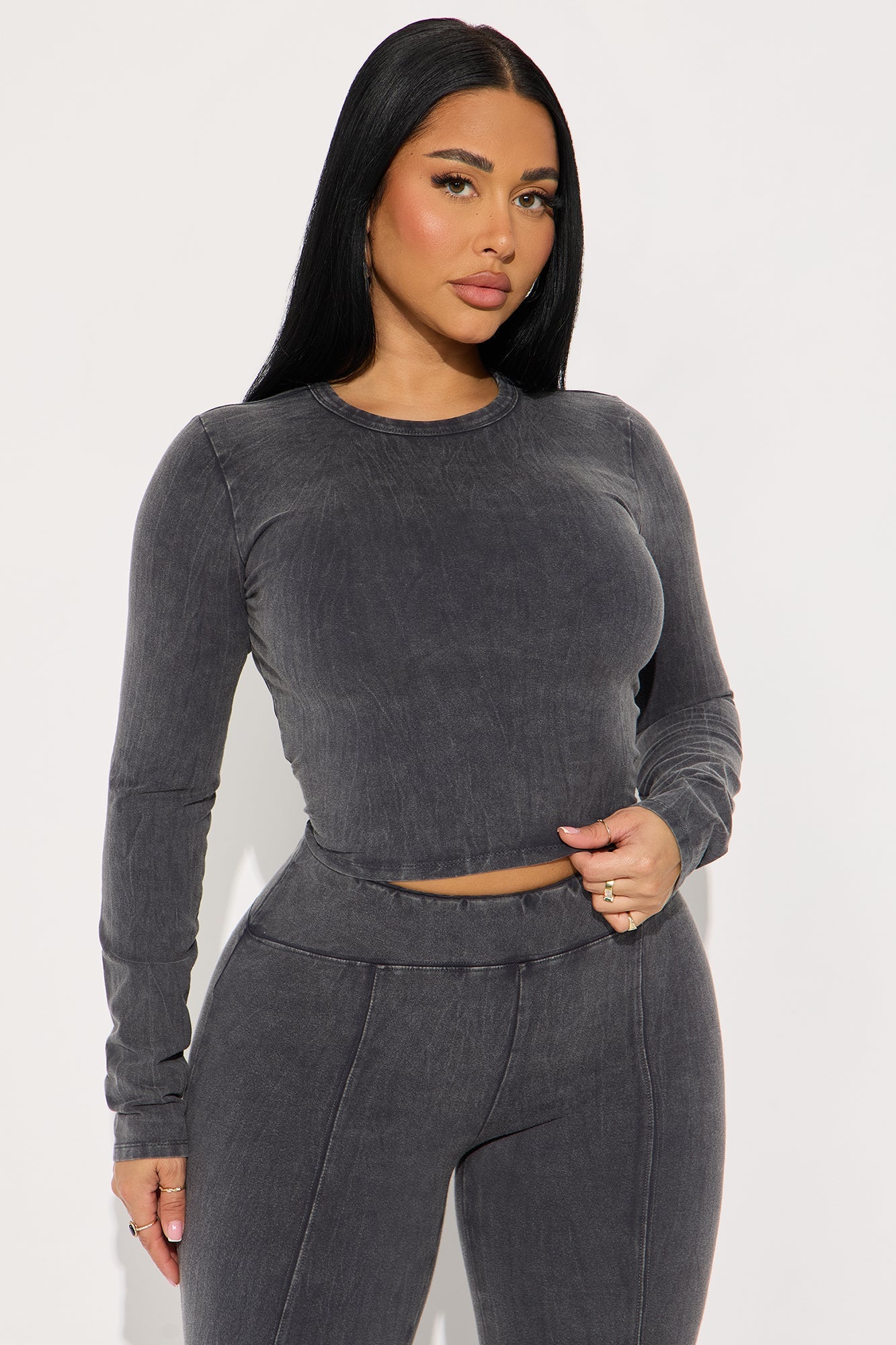Hear Me Out Long Sleeve Mineral Wash Pant Set - Charcoal