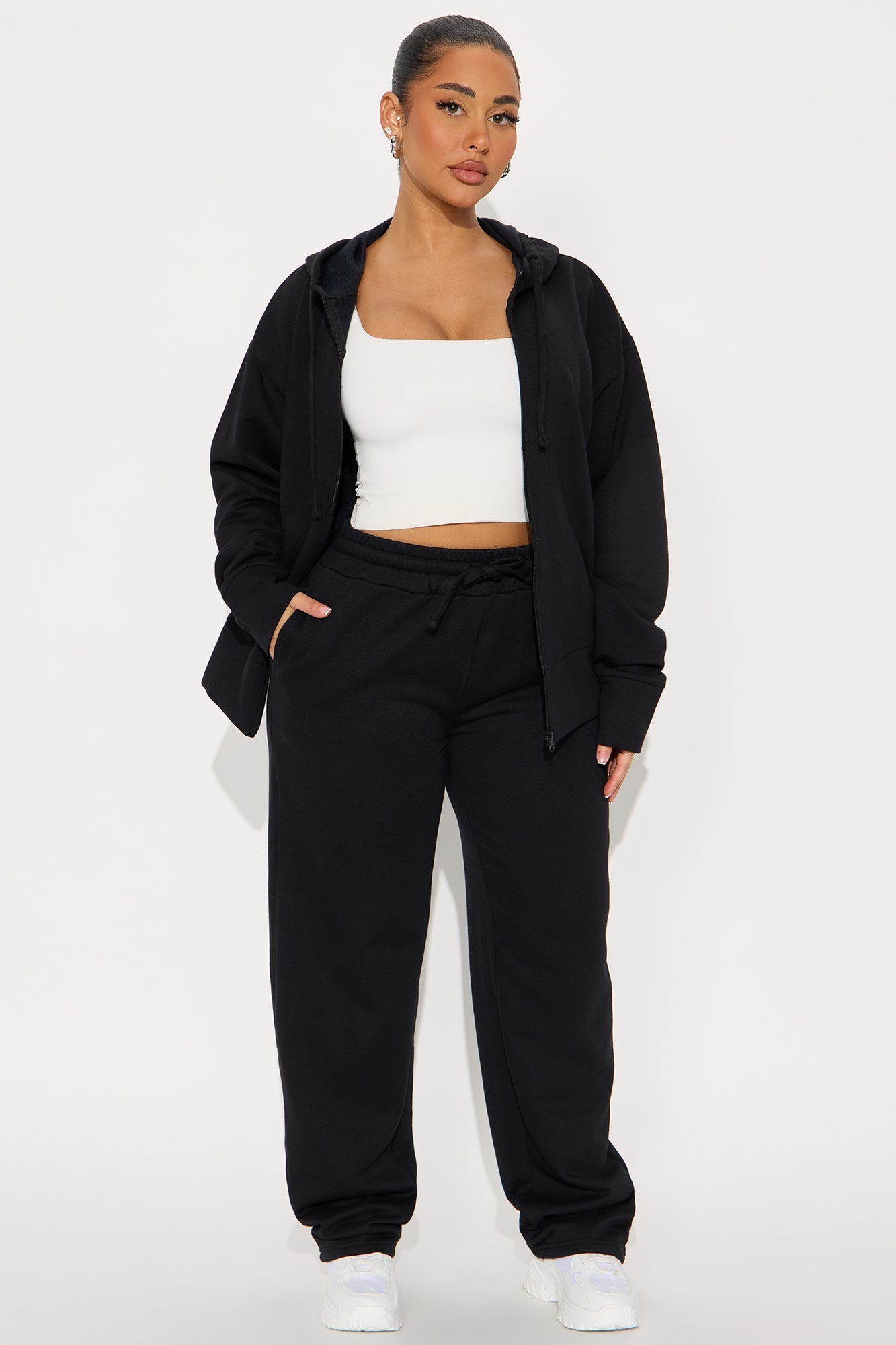 Brooke Oversized Zip Up Fleece Pant Set - Black