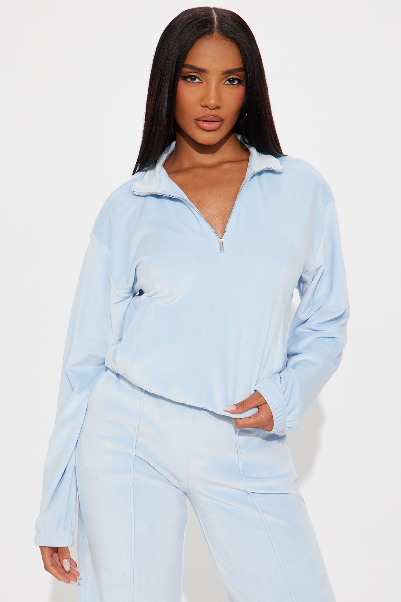 Pause For Now Quarter Zip Velour Pant Set - Light Blue