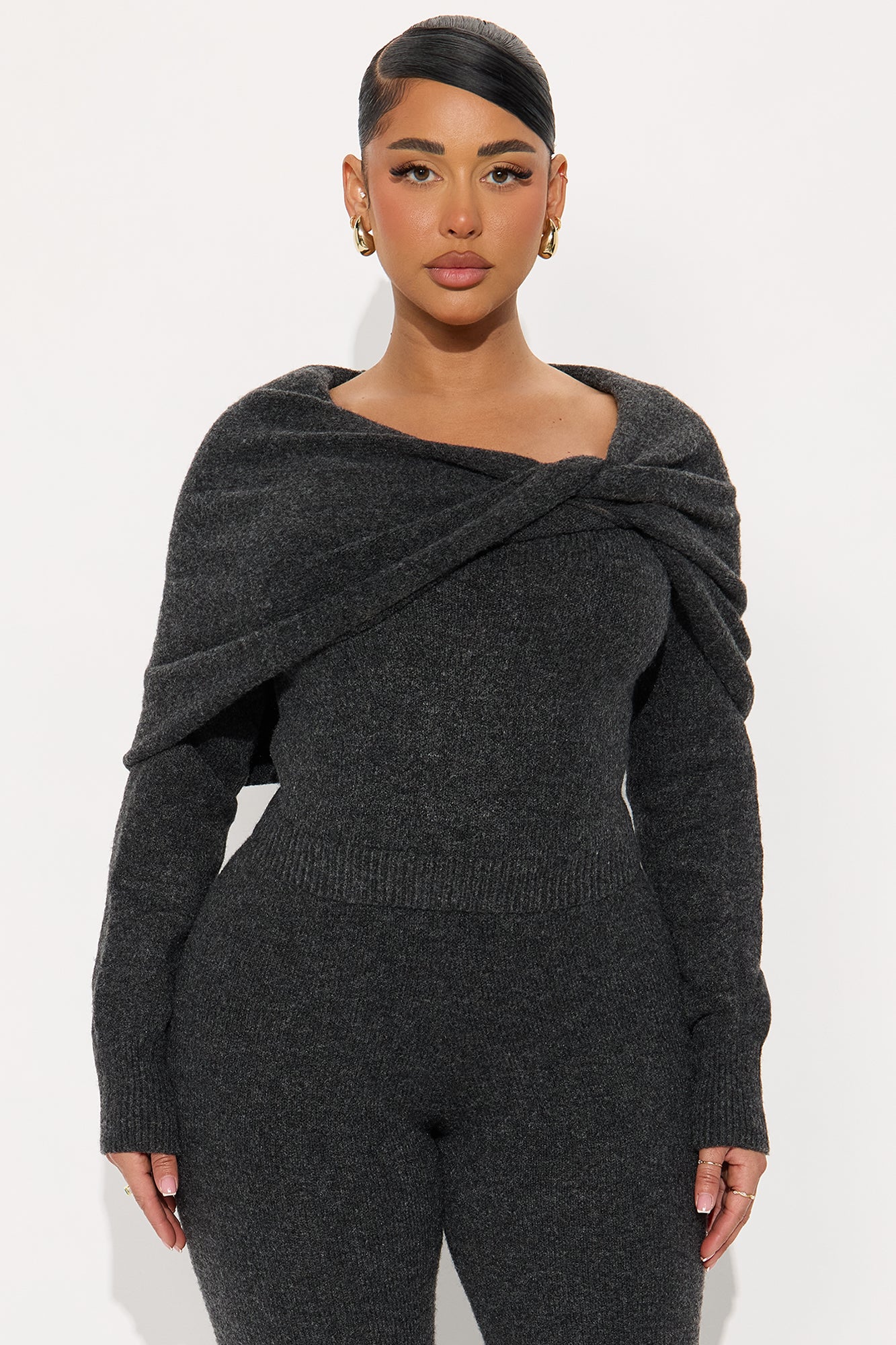 Carolina Off Shoulder Sweater Pant Set - Charcoal